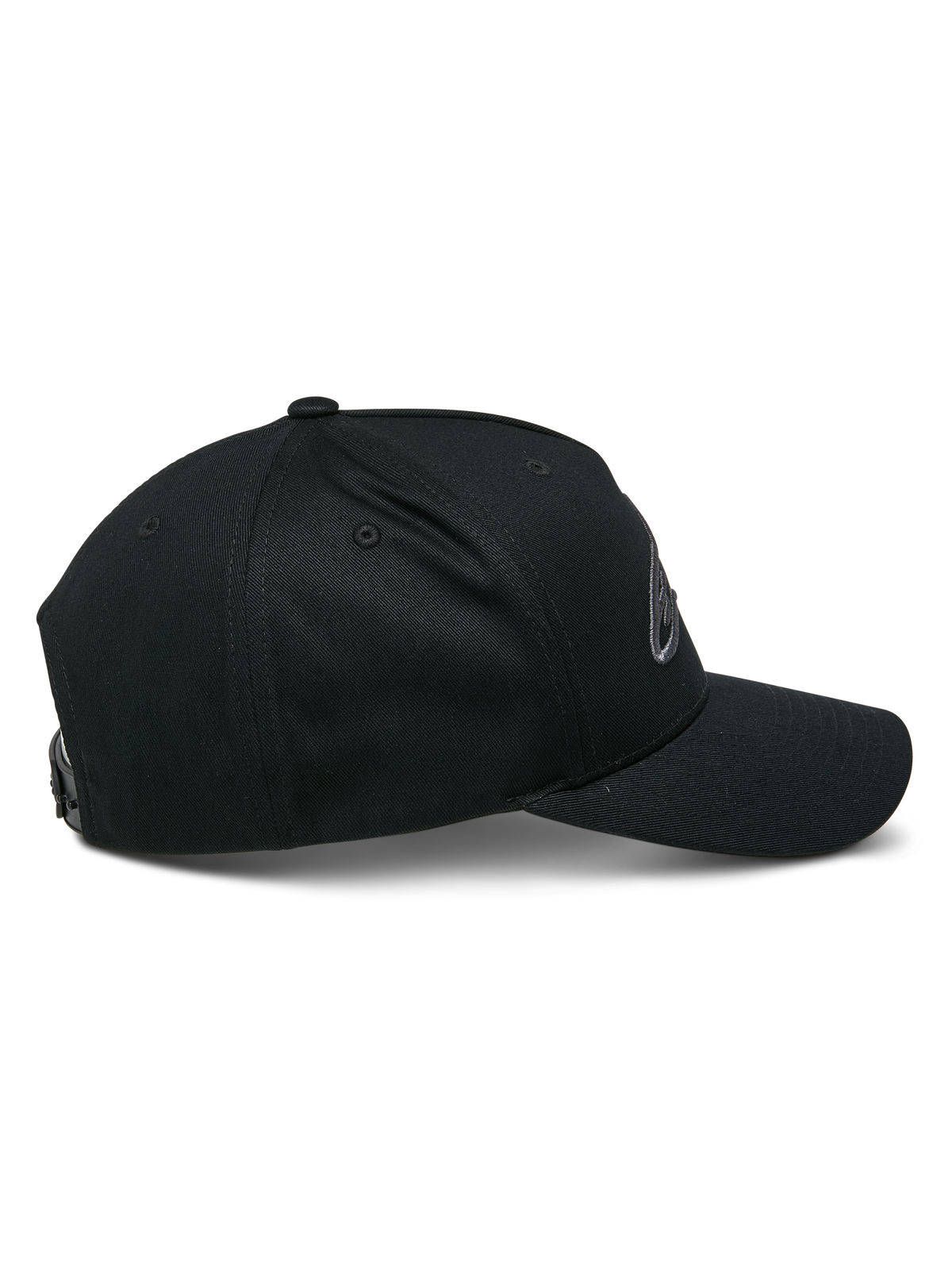 Cappello Alpinestars Ageless Snapback, nero charcoal, vista laterale di profilo, corona strutturata con visiera curva, chiusura snapback regolabile, copricapo casual ispirato al motorsport