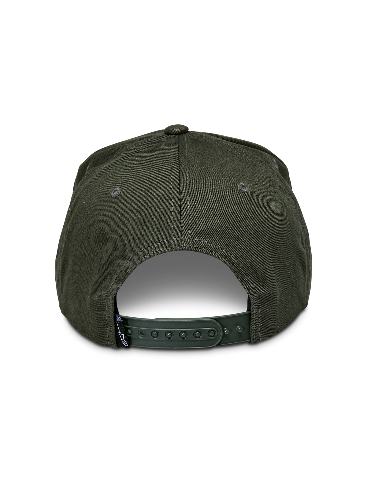 Cappello Snapback Alpinestars Promptus, verde militare, vista posteriore con chiusura snapback regolabile e tessuto twill di cotone, piccola etichetta nera del marchio, copricapo casual ispirato al motorsport