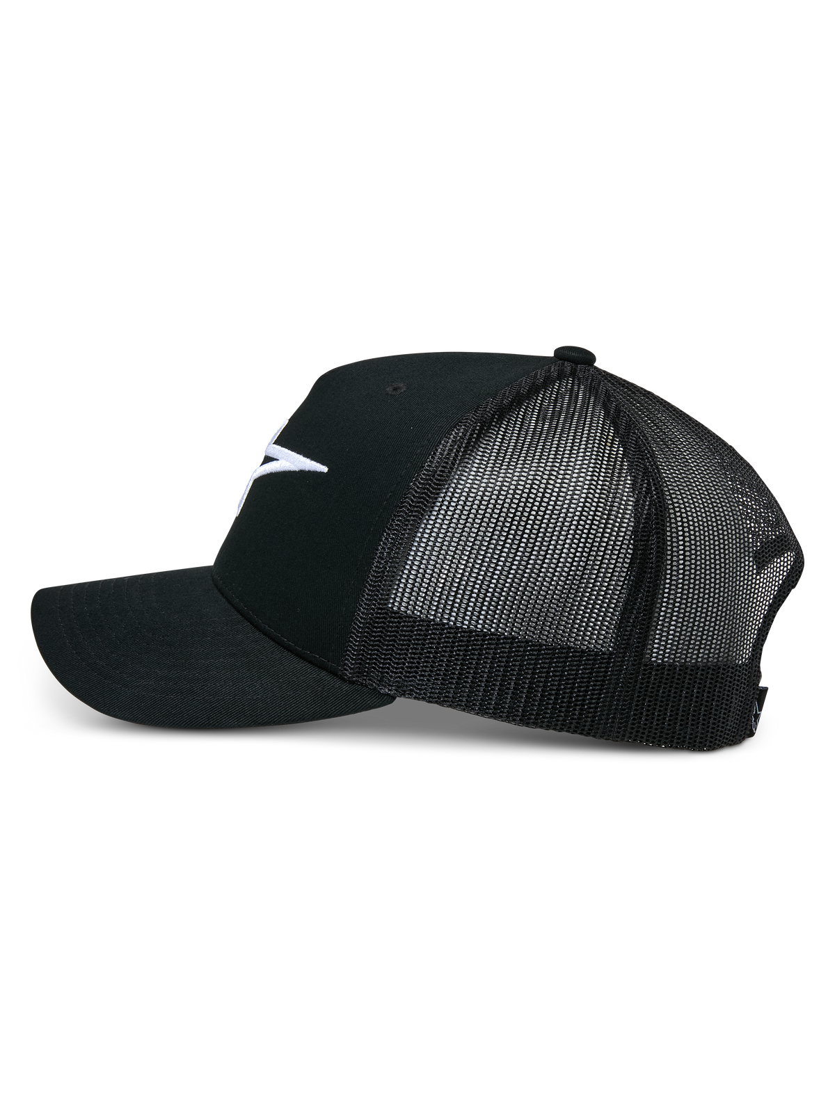 Alpinestars Cappello Trucker Ageless, nero, vista laterale di profilo, parte anteriore in twill di cotone strutturato con logo Astars ricamato bianco, retro in rete nera traspirante, visiera curva, accessorio casual motorsport