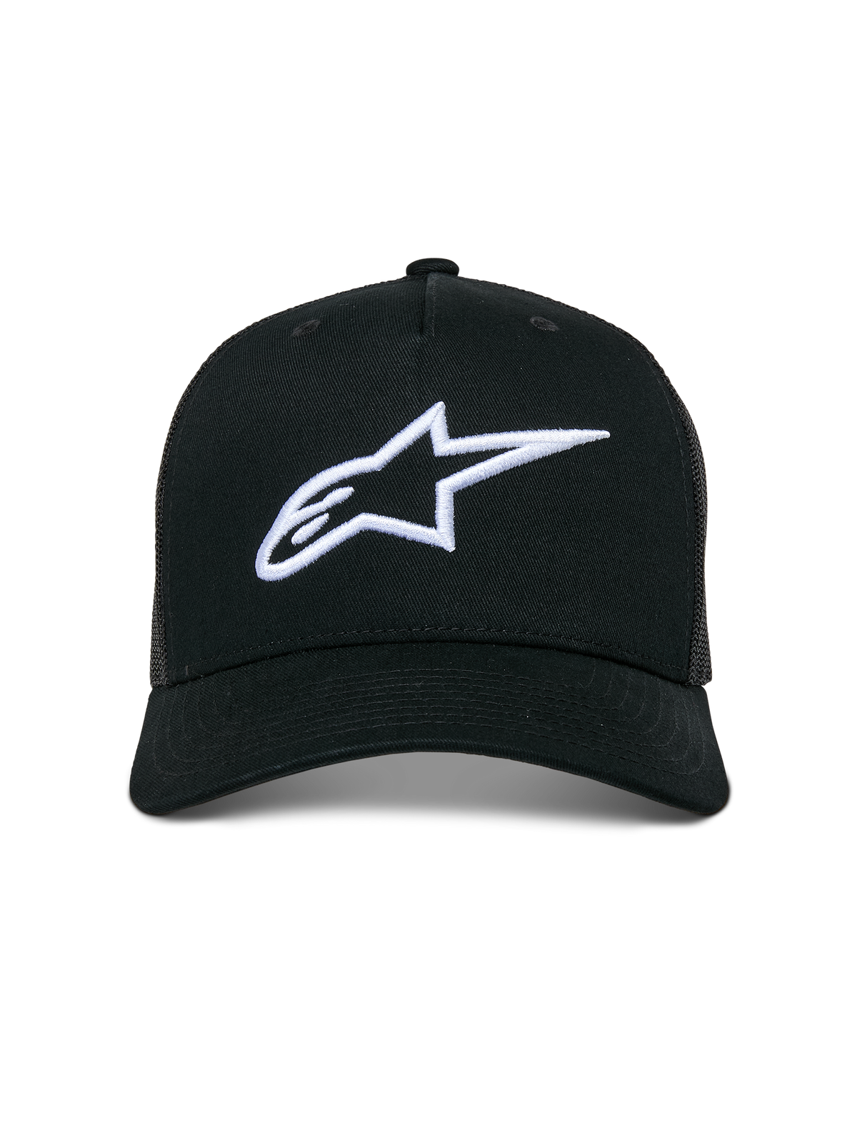 Cappello Trucker Alpinestars Ageless, cappellino casual, nero con logo Astars bianco ricamato in 3D, visiera curva e pannelli posteriori in rete, streetwear ispirato al motorsport