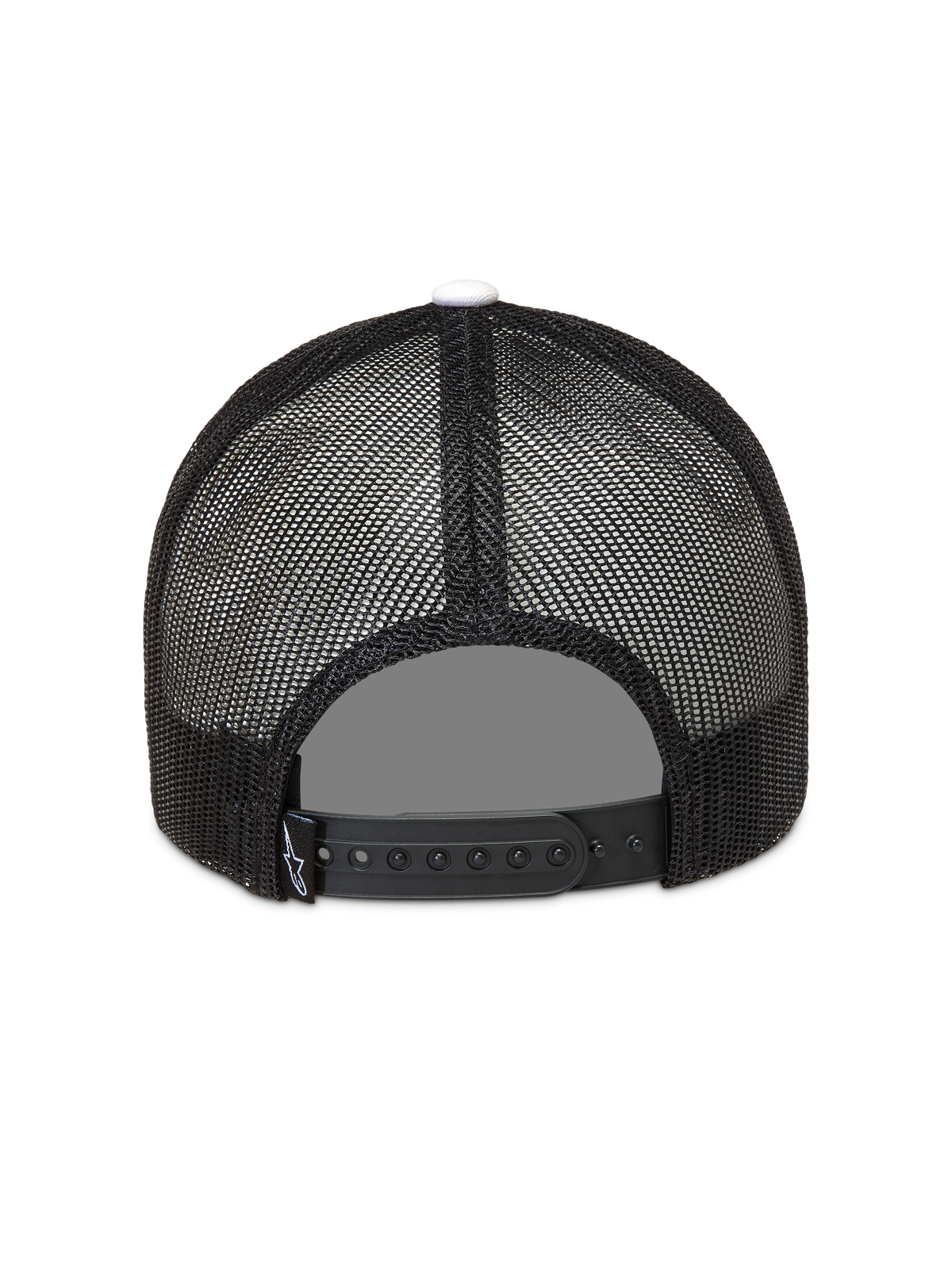 Alpinestars Ageless Snapback Cappello, cappello stile trucker nero con parte posteriore in rete, chiusura a scatto regolabile e bottone superiore bianco, vista posteriore.
