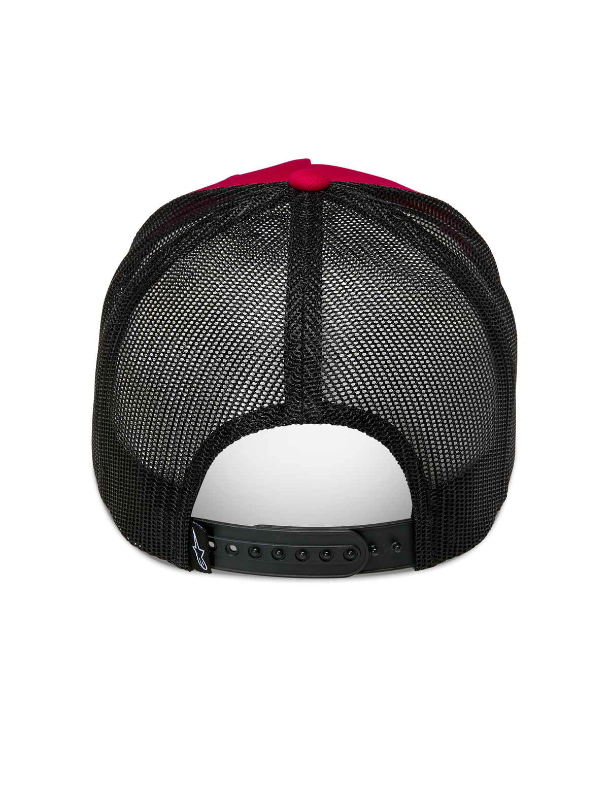 Cappello Alpinestars Ageless Trucker, rosso e nero, vista posteriore con retro in rete di poliestere nera e chiusura snapback regolabile, bottone superiore rosso e dettaglio della corona, copricapo casual da motorsport