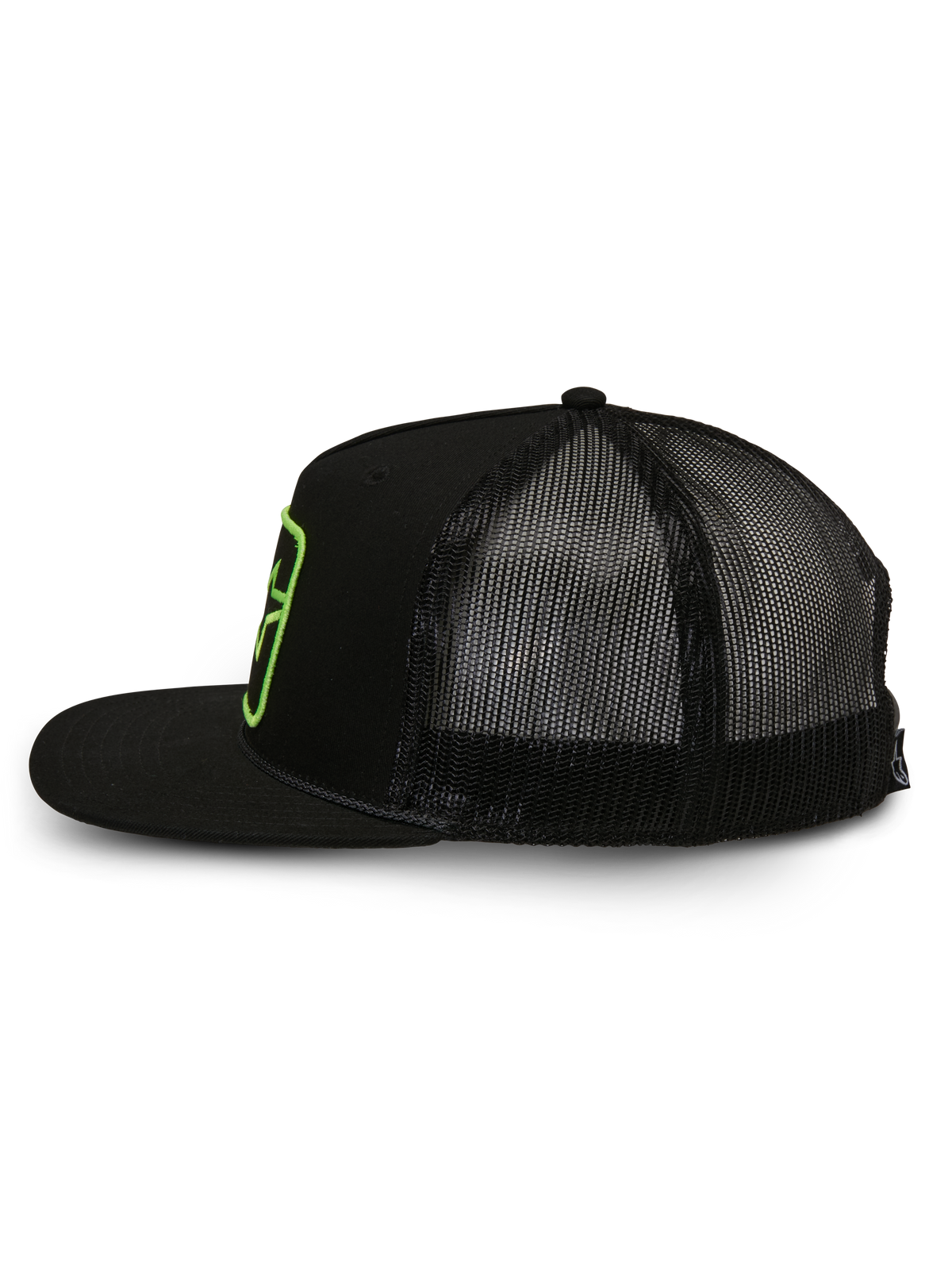 Alpinestars Control Trucker Hat, cappello trucker, nero, vista laterale di profilo che mostra il retro in rete e il davanti in twill, visiera piatta con dettaglio corda intrecciata, patch con logo ricamato verde, streetwear casual ispirato al motorsport