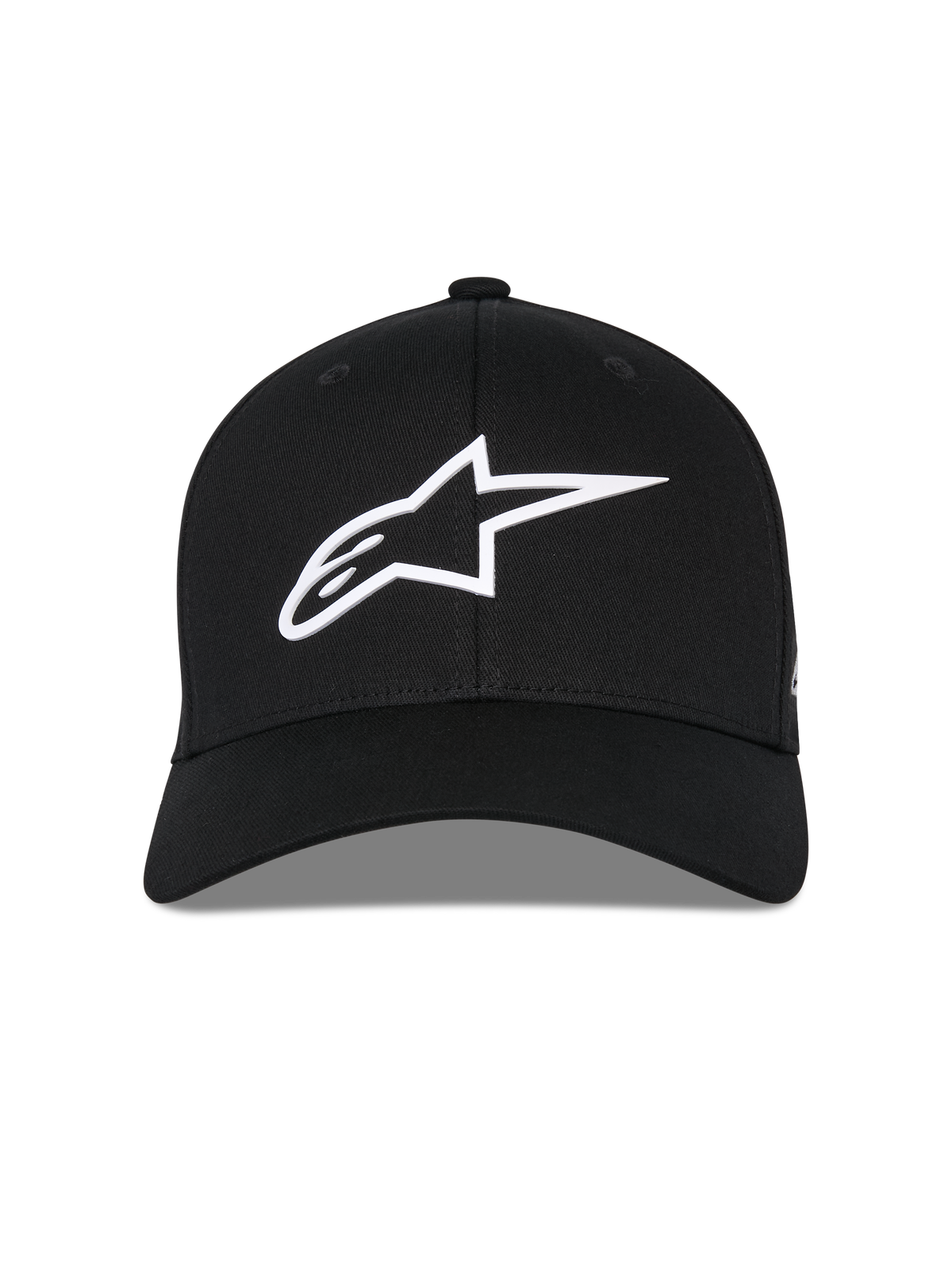 Alpinestars Ageless Multi Hat, berretto da baseball nero, vista frontale, logo Astars 3D bianco, visiera curva, corona strutturata, abbigliamento sportivo casual