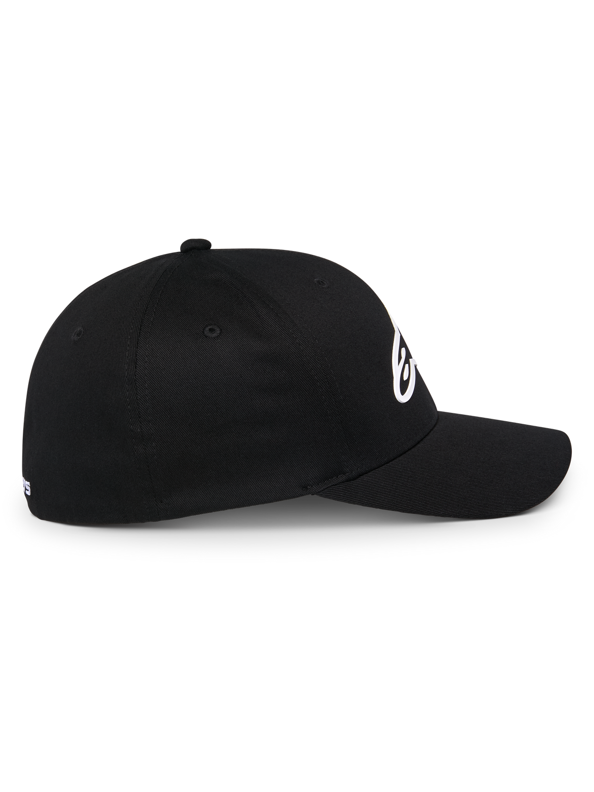 Alpinestars Ageless Multi Hat, cappellino da baseball sportivo nero, vista laterale, visiera curva e corona strutturata, logo Astars 3D bianco, stile motorsport casual