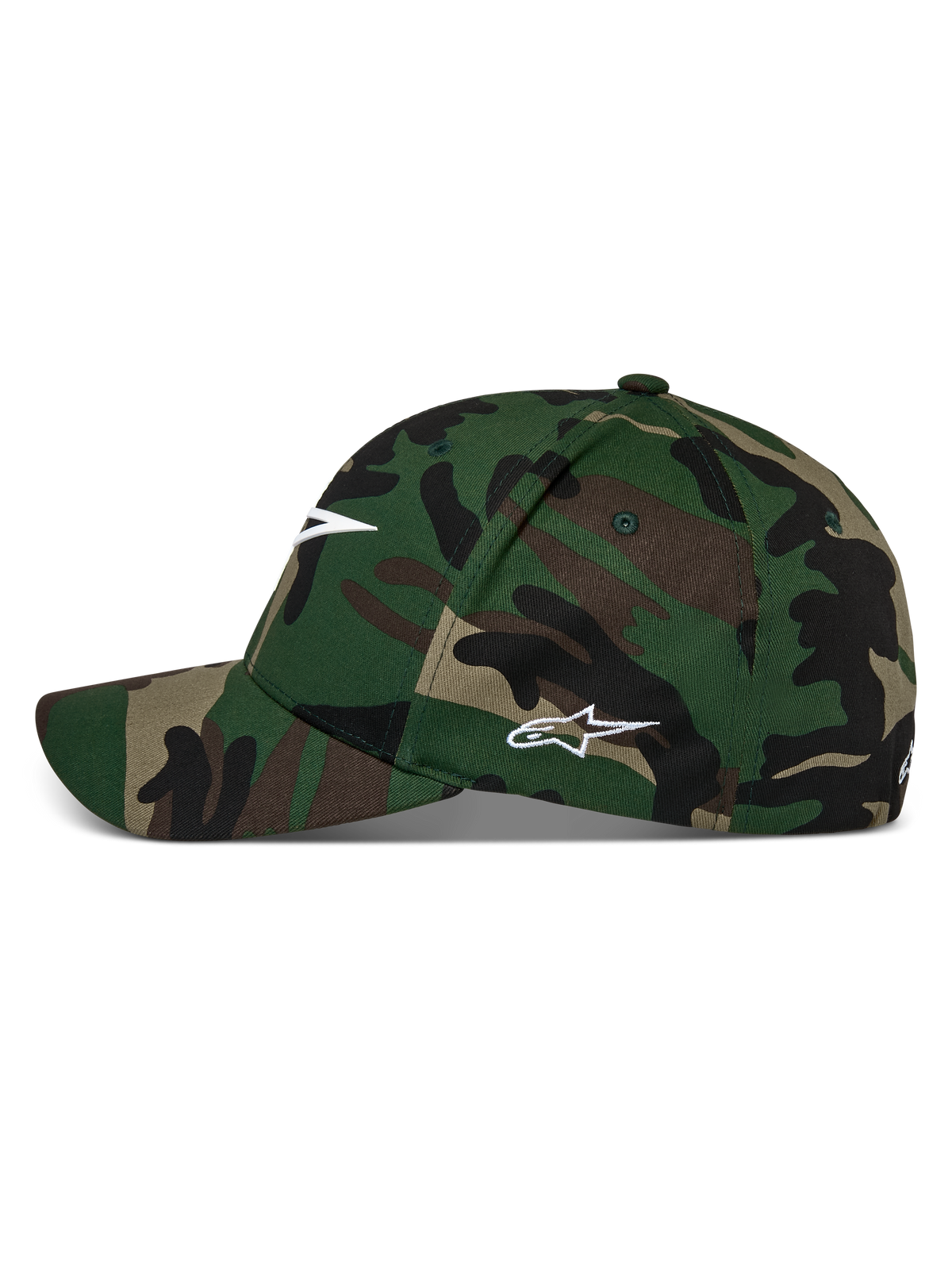 Alpinestars Ageless Multi Hat, cappellino da baseball camouflage verde, visiera curva con corona strutturata, logo Astars bianco frontale e laterale, abbigliamento casual motorsport streetwear