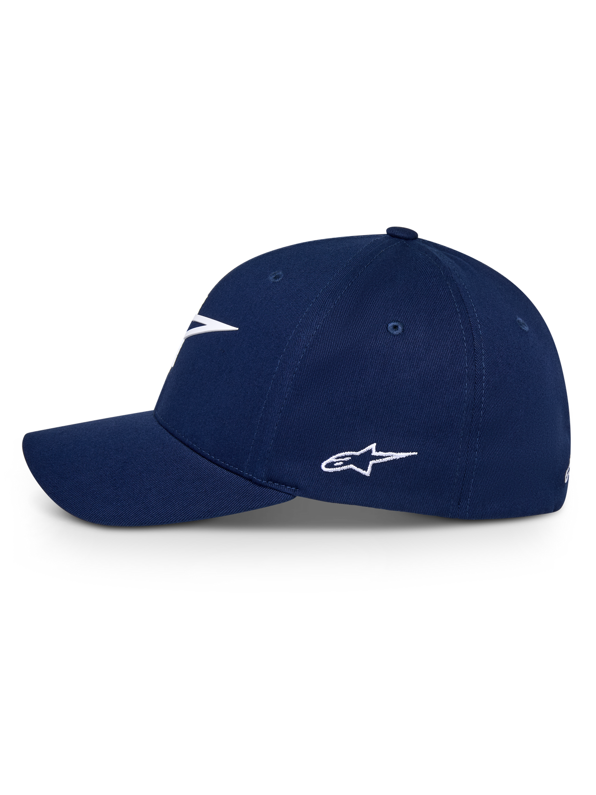 Alpinestars Ageless Multi Hat, blu navy, vista laterale di un cappello da baseball con visiera curva e logo Astars ricamato in bianco, copricapo casual sportivo