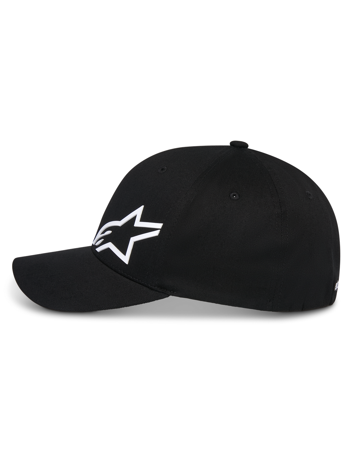 Alpinestars Corp Shift Multi Hat, cappello da baseball nero, vista laterale, logo Astars 3D bianco sul davanti, visiera curva, corona strutturata, streetwear casual ispirato al motorsport