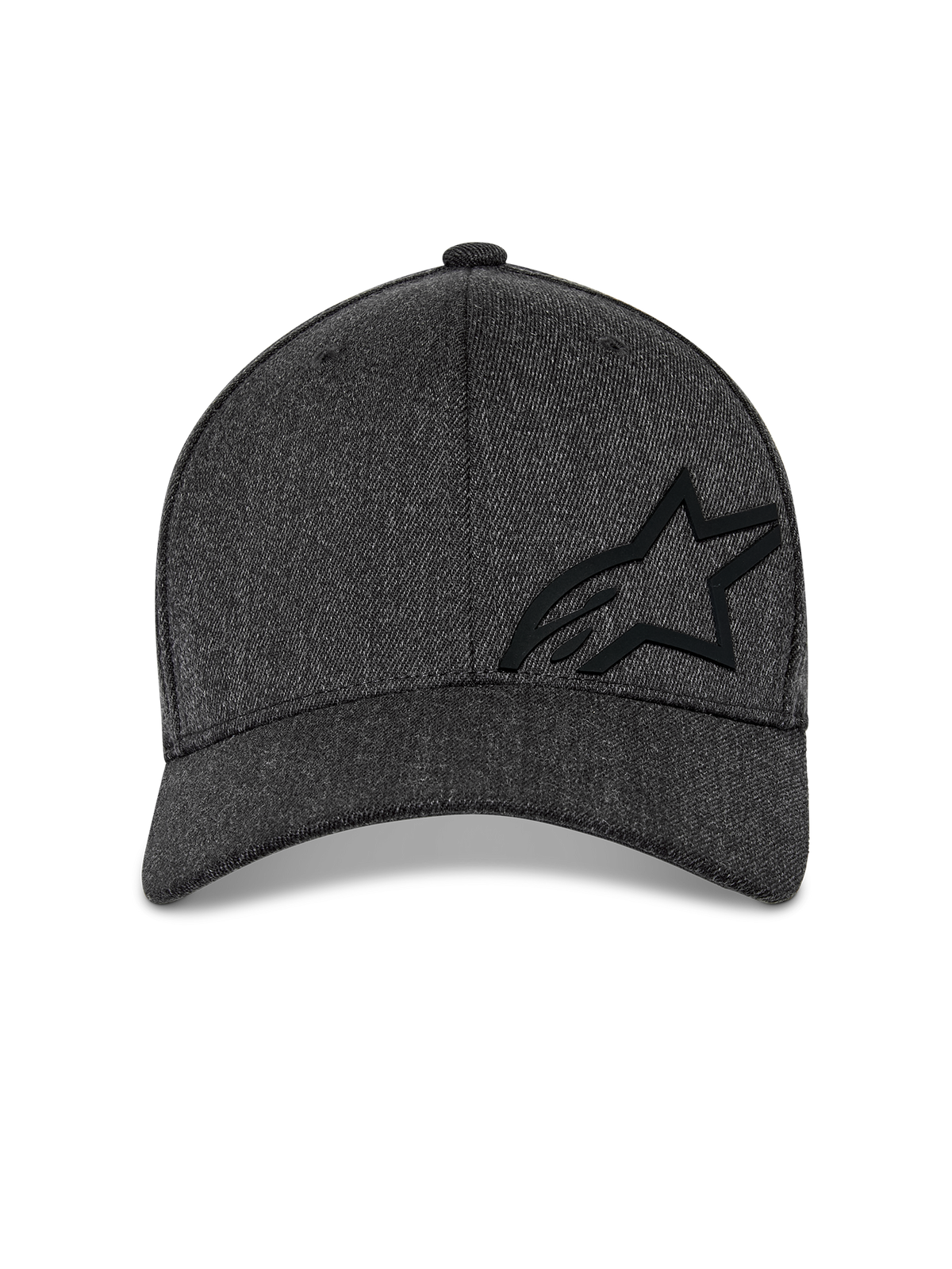 Cappello Alpinestars Corp Shift Multi, cappellino da baseball, grigio scuro melange, vista frontale con corona strutturata, logo Astars 3D nero e visiera curva, streetwear casual motorsport