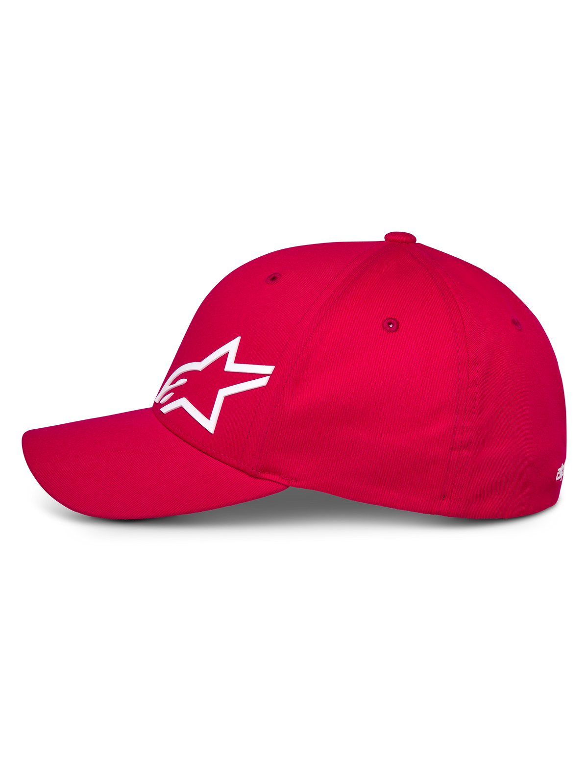 Alpinestars Corp Shift Multi Hat, cappello rosso stile baseball, vista di profilo laterale con logo Astars 3D bianco, visiera curva e corona strutturata, copricapo casual motorsport