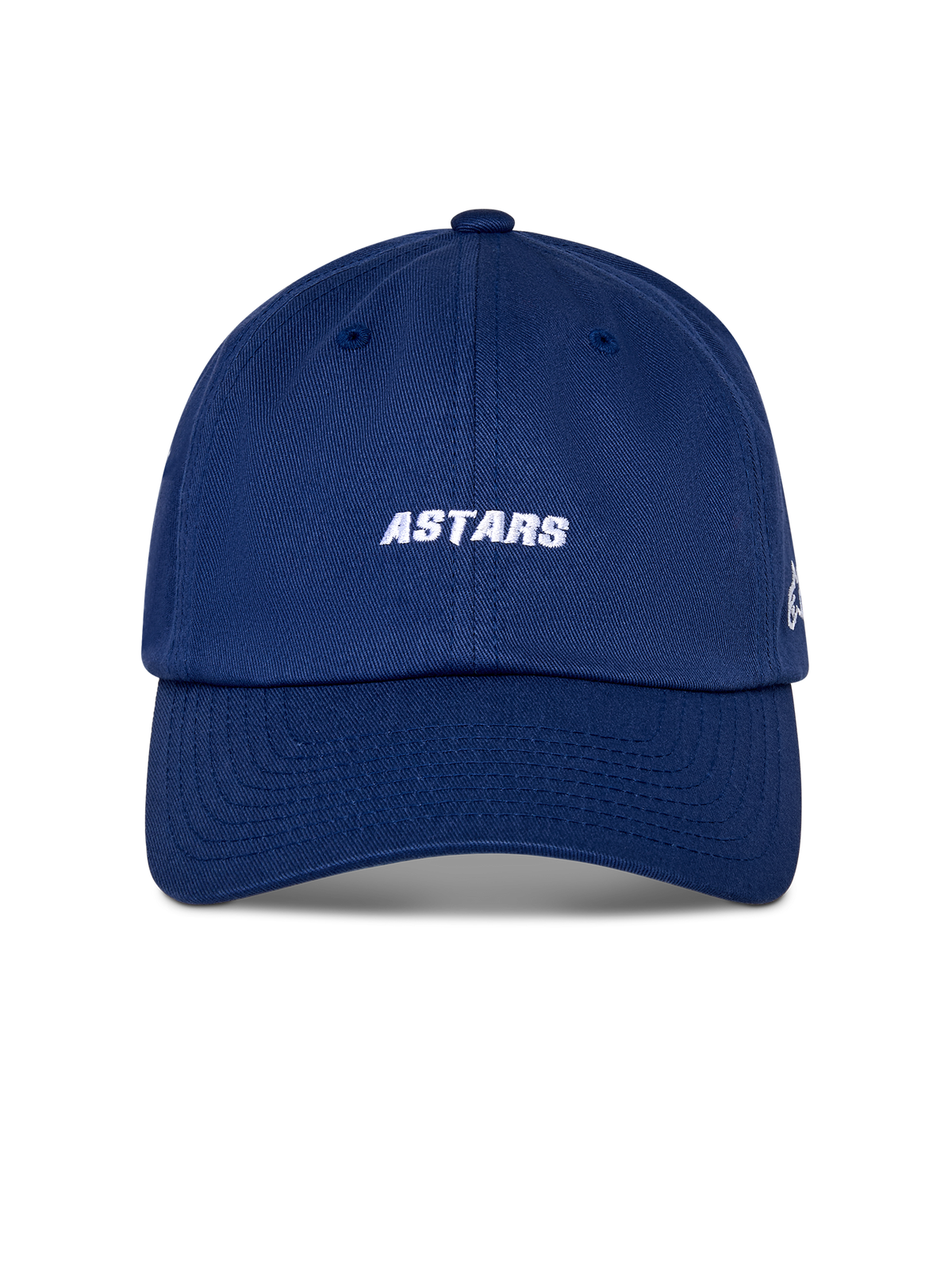 Cappello Alpinestars Deduce Strapback, cappello sportivo, blu, ricamo bianco della scritta ASTARS sul davanti, visiera curva, corona bassa non strutturata, copricapo casual ispirato al motorsport