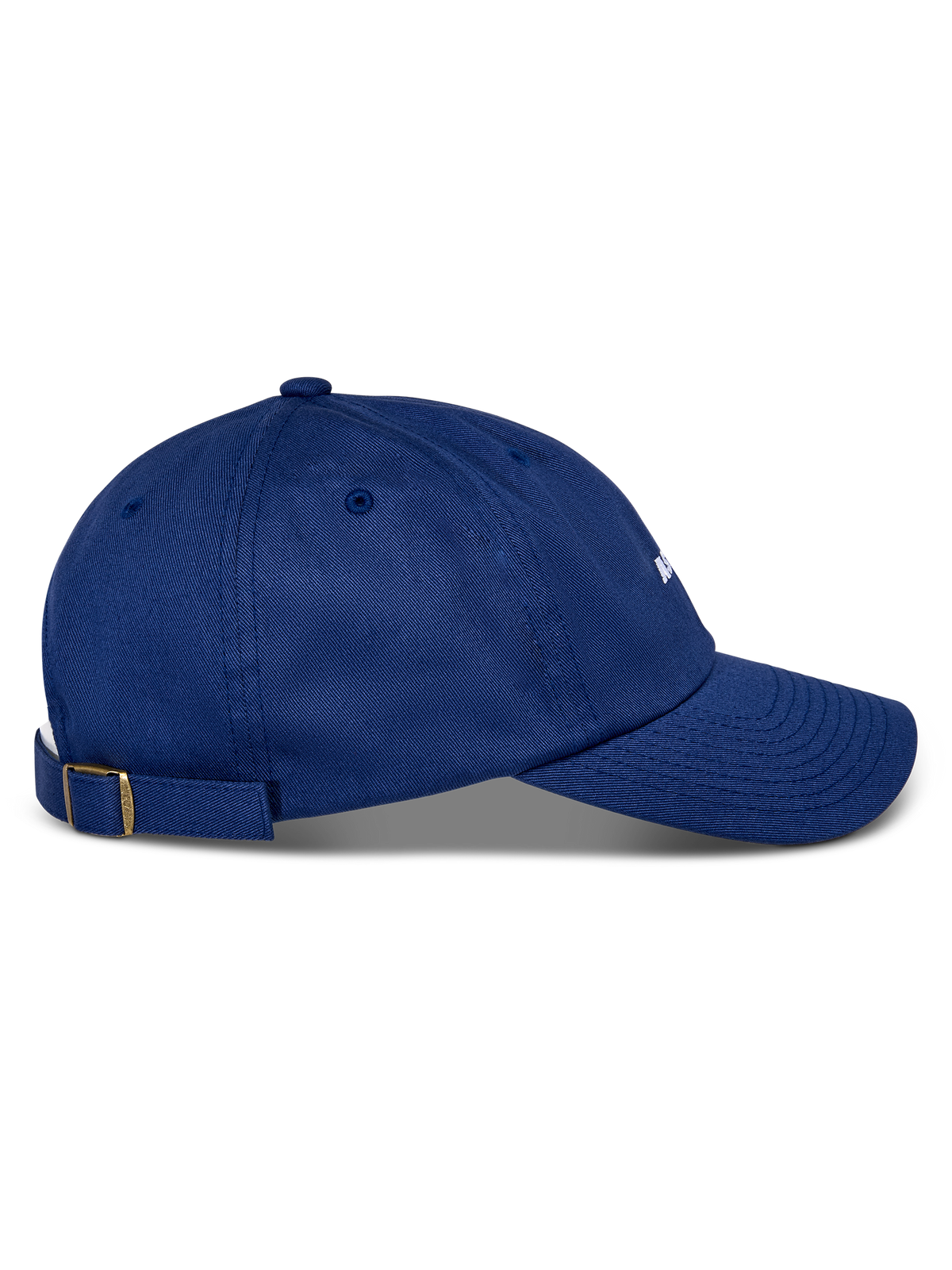 Cappello Alpinestars Deduce Strapback, blu, vista laterale, visiera curva, chiusura strapback regolabile con fibbia in ottone, costruzione in twill di cotone, copricapo casual con logo ricamato bianco