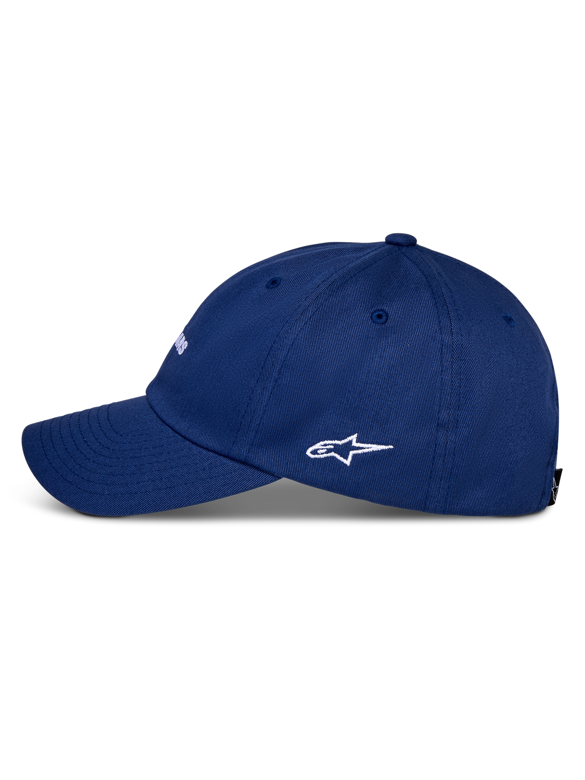 Cappello Alpinestars Deduce Strapback, blu, vista laterale di profilo con visiera curva e logo Astars bianco ricamato, in twill di cotone, abbigliamento sportivo casual