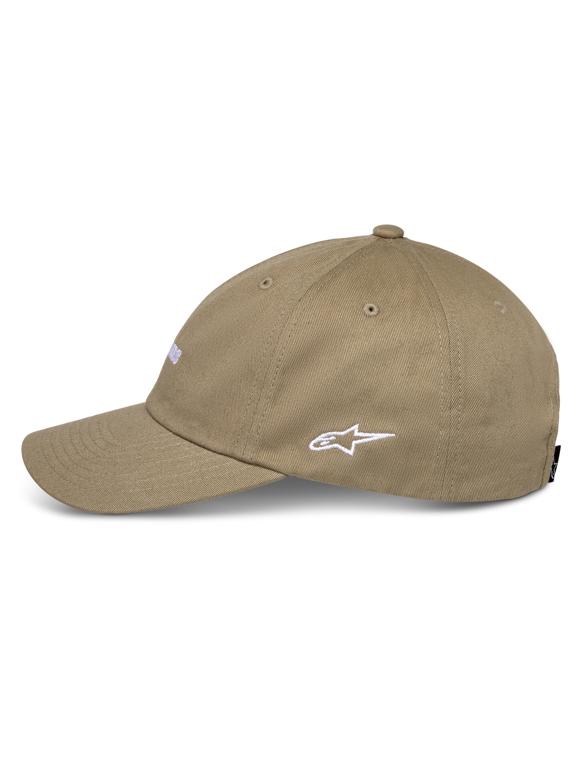 Cappello Alpinestars Deduce Strapback, color kaki, vista laterale con logo Astars ricamato in bianco, visiera curva, costruzione in twill di cotone, streetwear casual motorsport
