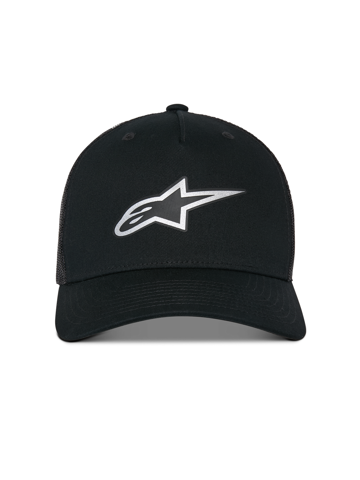 Alpinestars Reflect Ageless Trucker Hat, cappellino trucker, nero, caratterizzato da un logo Astars argento riflettente sul davanti, corona strutturata con visiera curva e retro in rete traspirante, copricapo casual ispirato al motorsport