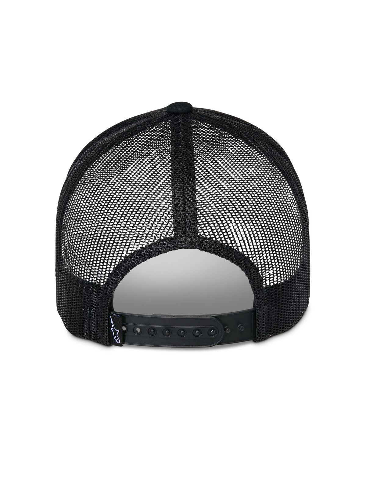 Alpinestars Reflect Ageless Trucker Hat, nero, vista posteriore con pannelli in rete traspirante e chiusura snapback regolabile, presenta una piccola etichetta del marchio, copricapo casual ispirato al mondo del motorsport.