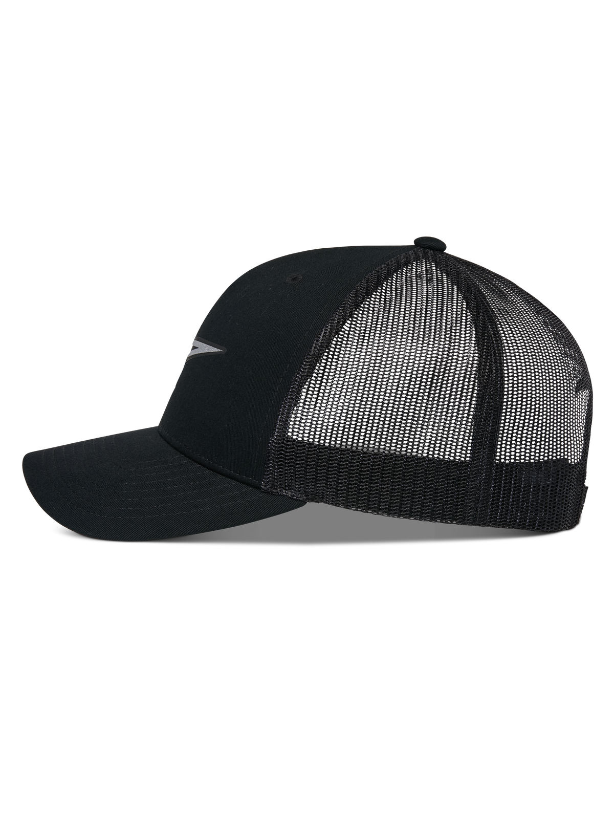 Cappello Alpinestars Reflect Ageless Trucker, profilo laterale, nero, visiera curva con corona strutturata, pannelli posteriori in rete traspirante, dettaglio logo riflettente, copricapo casual motorsport