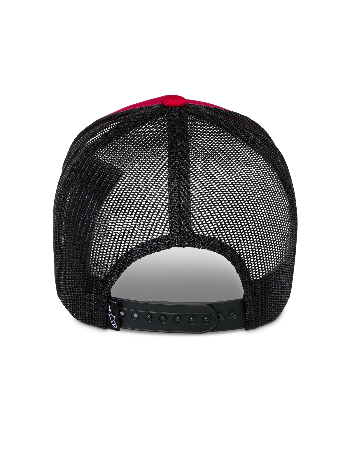 Alpinestars Reflect Ageless Trucker Hat, vista posteriore, rosso e nero, con pannelli in rete di poliestere nera e chiusura snap-back regolabile, copricapo casual ispirato al motorsport