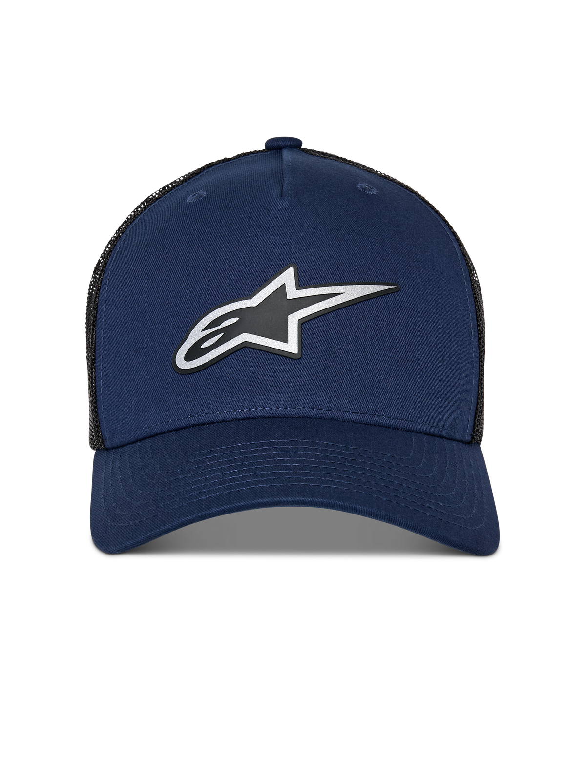 Alpinestars Reflect Ageless Trucker Hat, blu navy e rete nera, logo Astars riflettente HD sul davanti, visiera curva, corona strutturata, copricapo casual motorsport