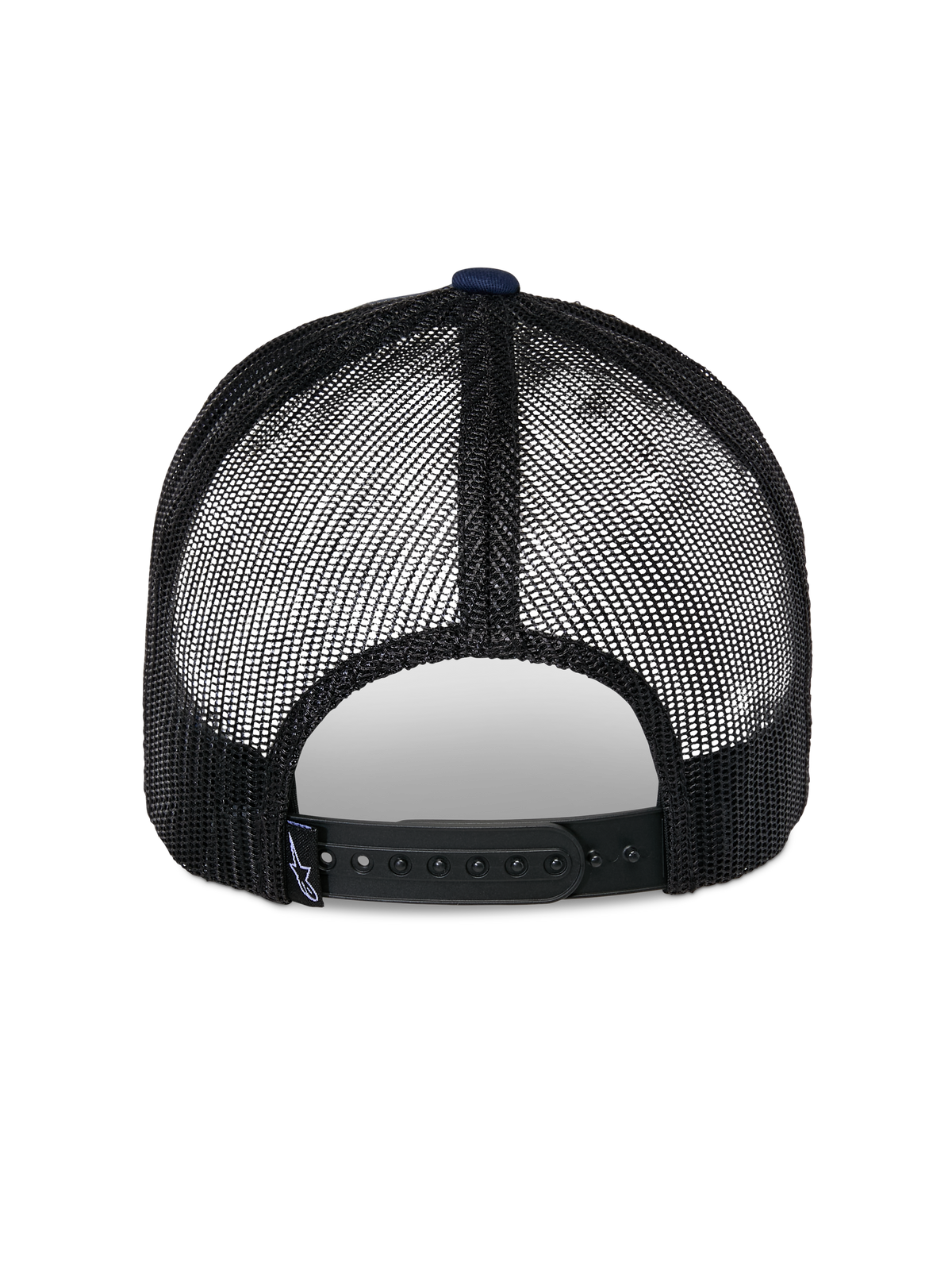 Cappello Trucker Alpinestars Reflect Ageless, vista posteriore, blu navy e nero, con pannelli in rete nera traspirante e chiusura snapback regolabile, copricapo casual da motorsport