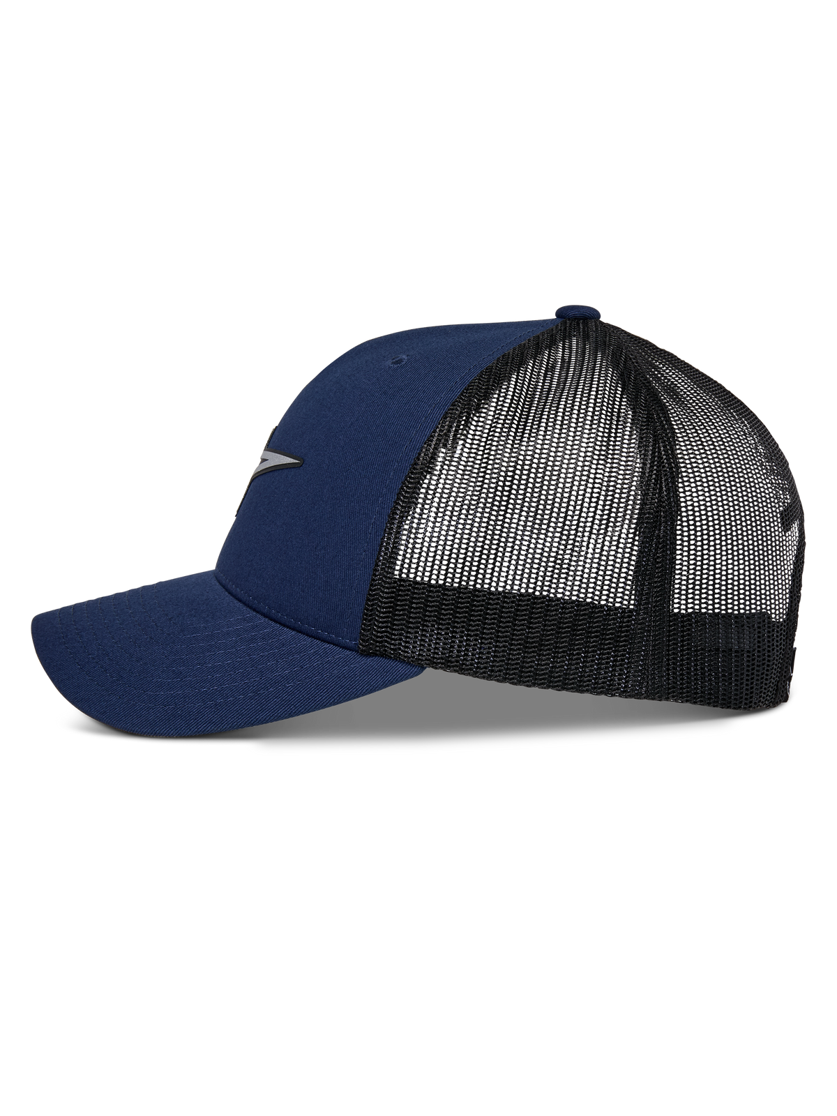 Cappello Trucker Alpinestars Reflect Ageless, blu navy e nero, profilo laterale con visiera curva e retro in rete, logo Astars riflettente sul davanti, copricapo casual motorsport