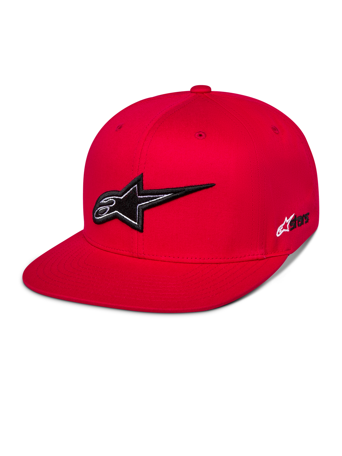 Alpinestars Thickness Snapback Hat, cappellino rosso con visiera piatta, logo Astars ricamato in 3D bianco e nero, corona strutturata con occhielli rossi coordinati, abbigliamento casual motorsport