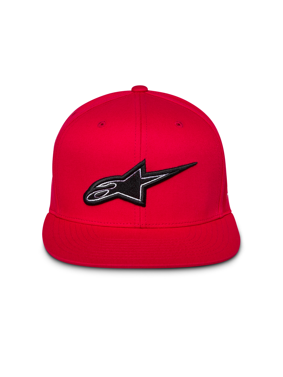 Cappello Snapback Alpinestars Thickness, rosso, vista frontale con logo Astars ricamato in 3D bianco e nero, visiera piatta, corona strutturata, streetwear casual
