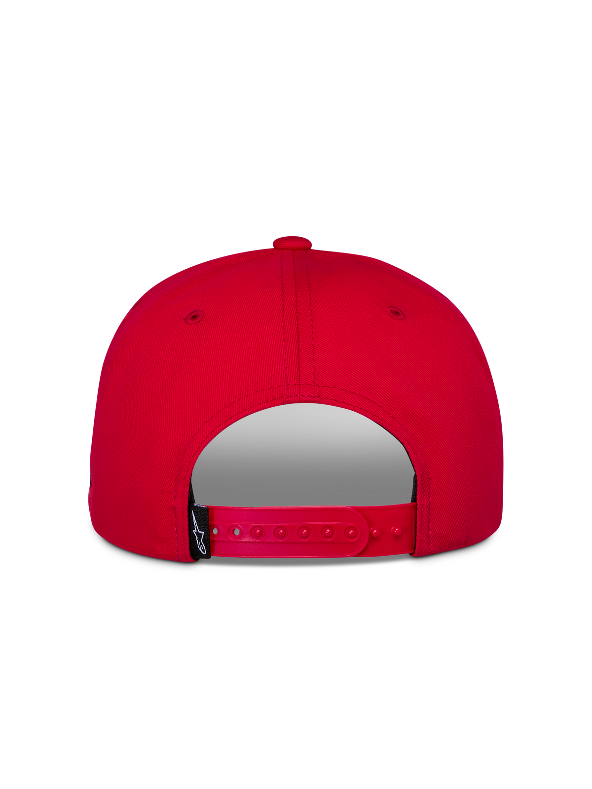 Cappello Alpinestars Thickness Snapback, rosso, vista posteriore con chiusura snapback regolabile, corona strutturata, tessuto twill rosso, piccola etichetta nera del brand