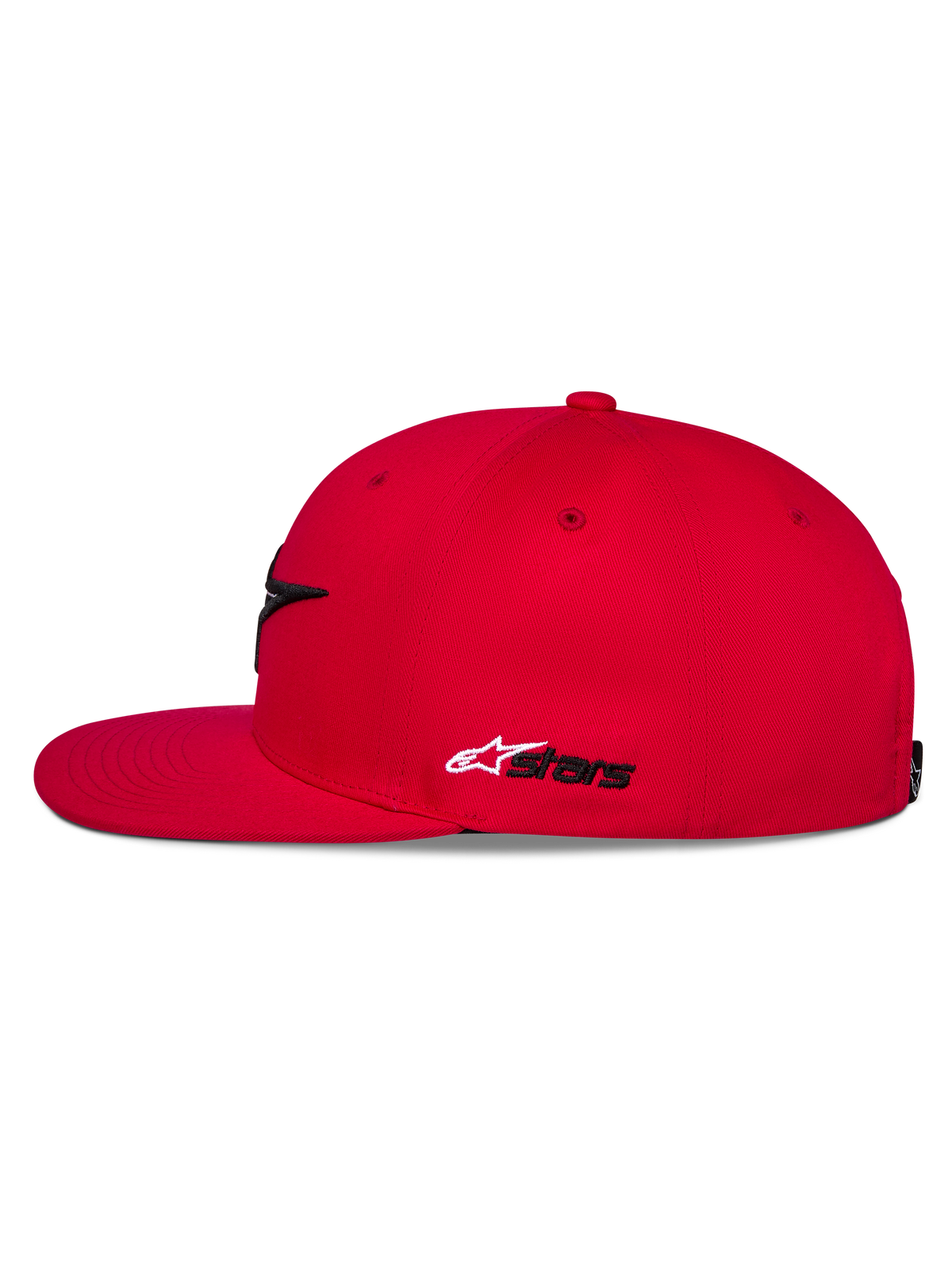 Cappello Alpinestars Thickness Snapback, rosso, vista laterale, visiera piatta e corona strutturata, ricamo Astars laterale bianco e nero, copricapo casual ispirato al motorsport