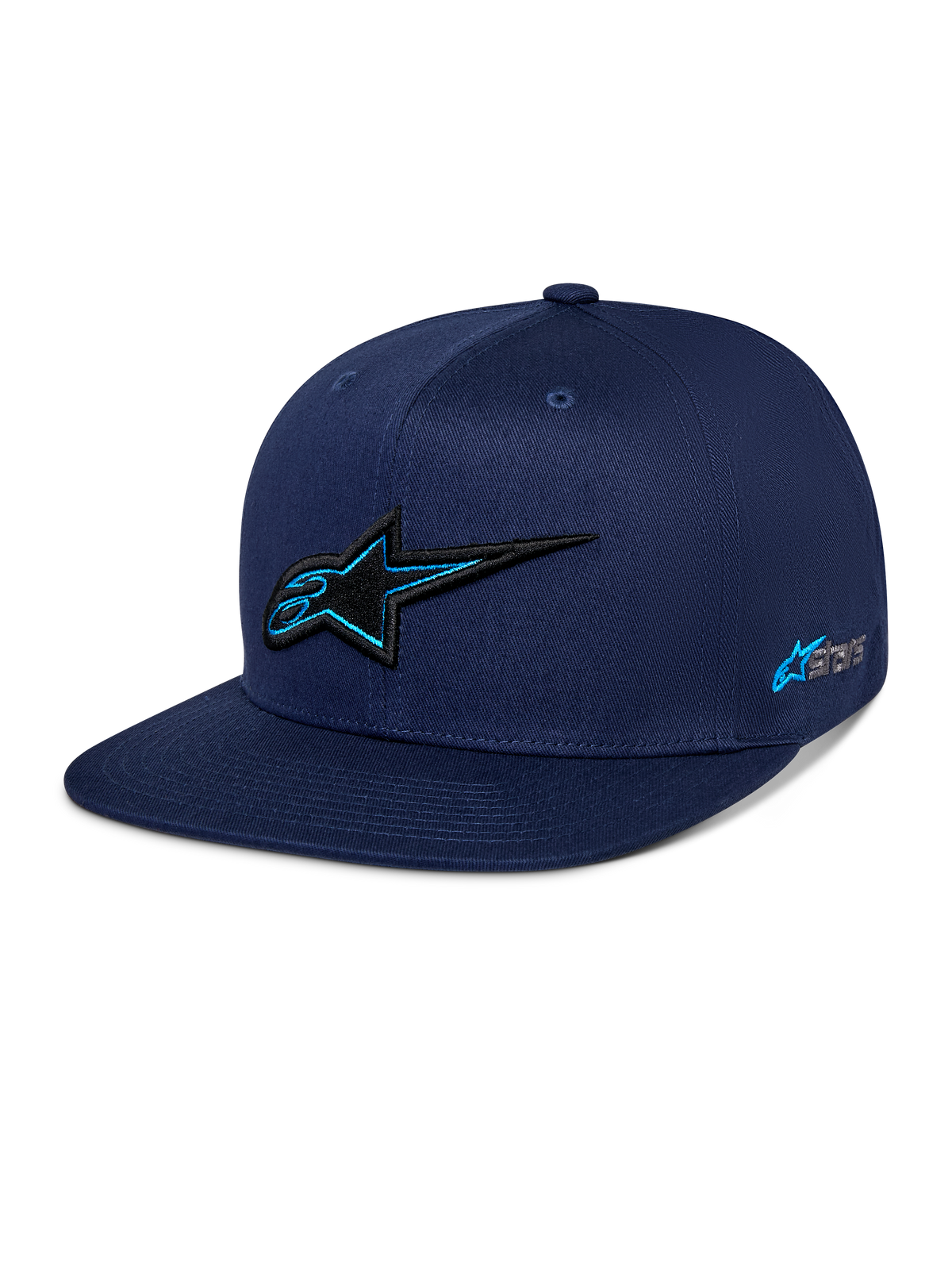 Alpinestars Thickness Snapback Hat, blu navy, corona strutturata con visiera piatta, logo Astars ricamato in 3D nero con profilo azzurro, ricamo del logo laterale, streetwear casual ispirato al motorsport
