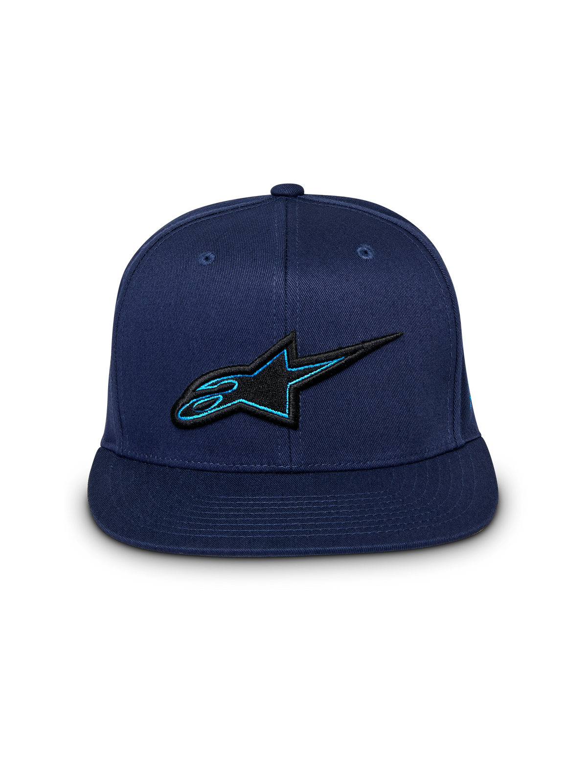 Cappello Alpinestars Thickness Snapback, berretto blu navy, vista frontale, logo Astars ricamato in 3D nero e blu, visiera piatta, streetwear casual da motorsport
