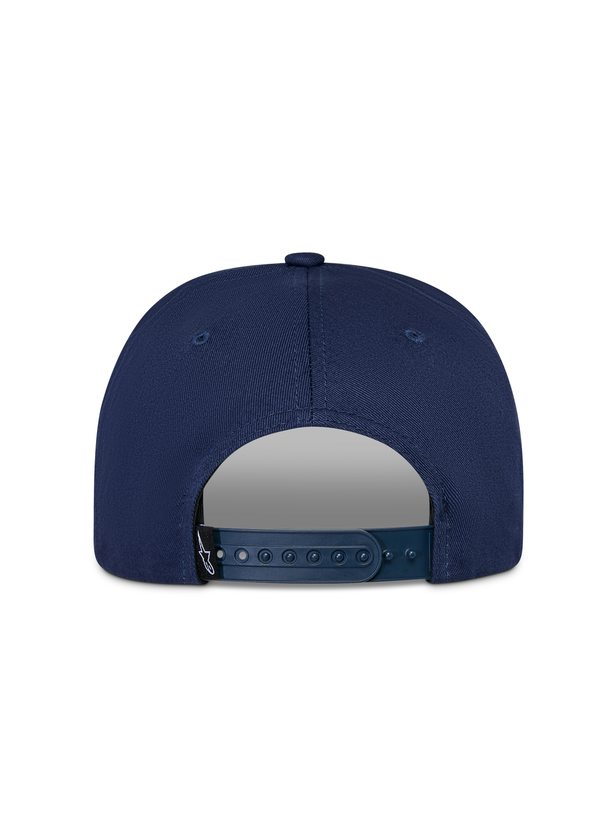 Cappello Snapback Alpinestars Thickness, blu navy, vista posteriore con chiusura snapback regolabile e piccola etichetta nera con logo Astars, struttura in twill di cotone