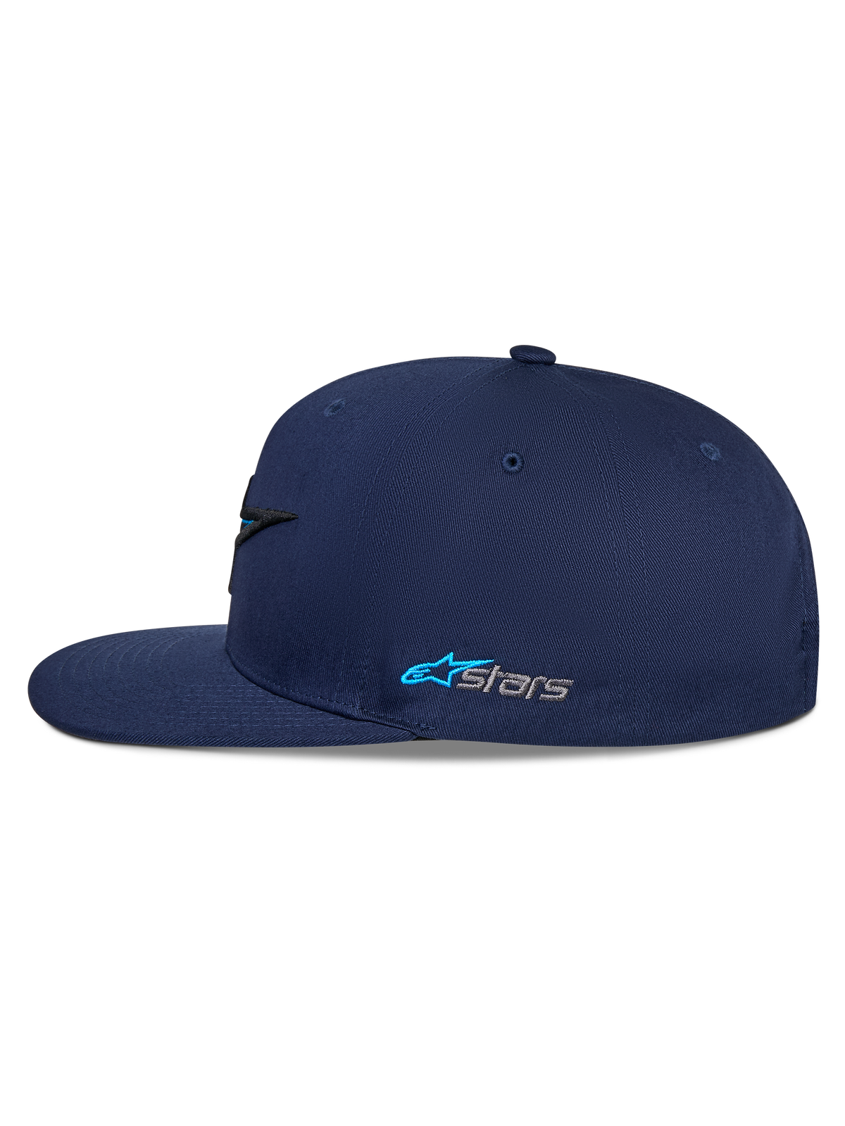 Cappello Alpinestars Thickness Snapback, blu navy, vista laterale, visiera piatta con corona strutturata, logo Astars laterale ricamato in azzurro e grigio, casual motorsport streetwear