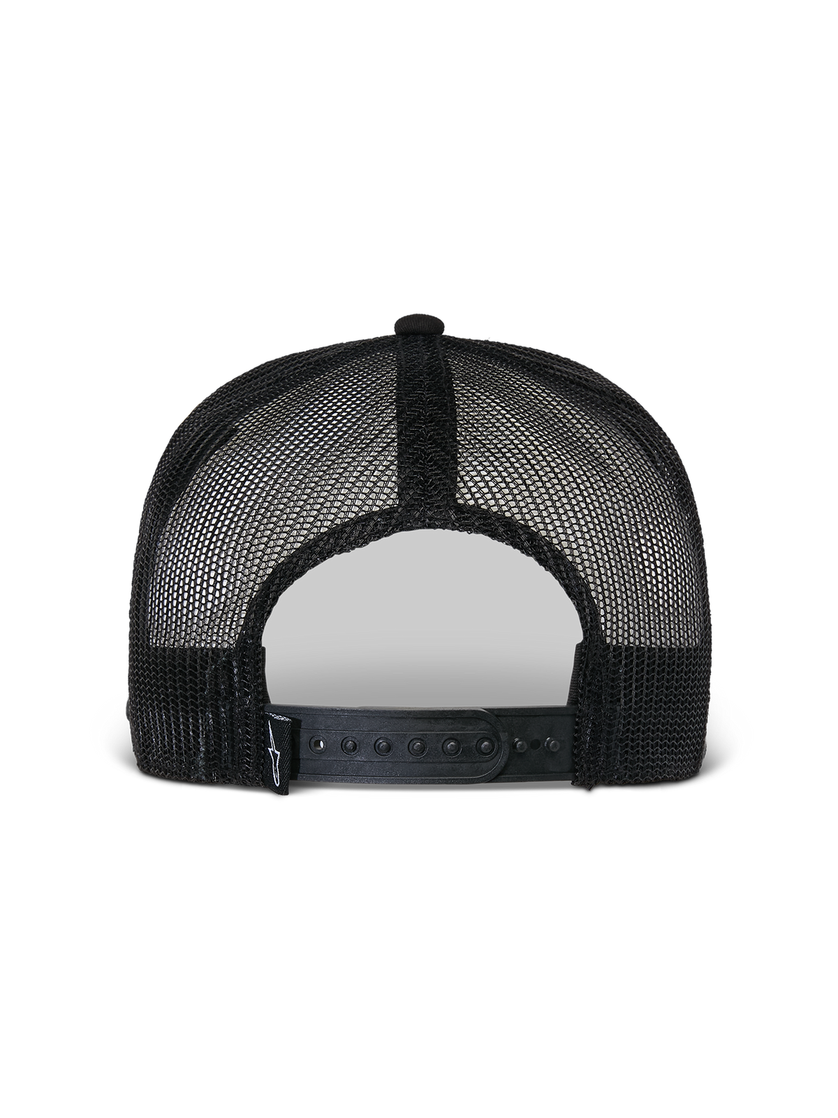 Cappello Flag Flat Trucker Alpinestars, nero, vista posteriore con struttura in rete di poliestere traspirante, chiusura snapback regolabile, piccolo dettaglio del logo in tessuto, copricapo casual da motorsport