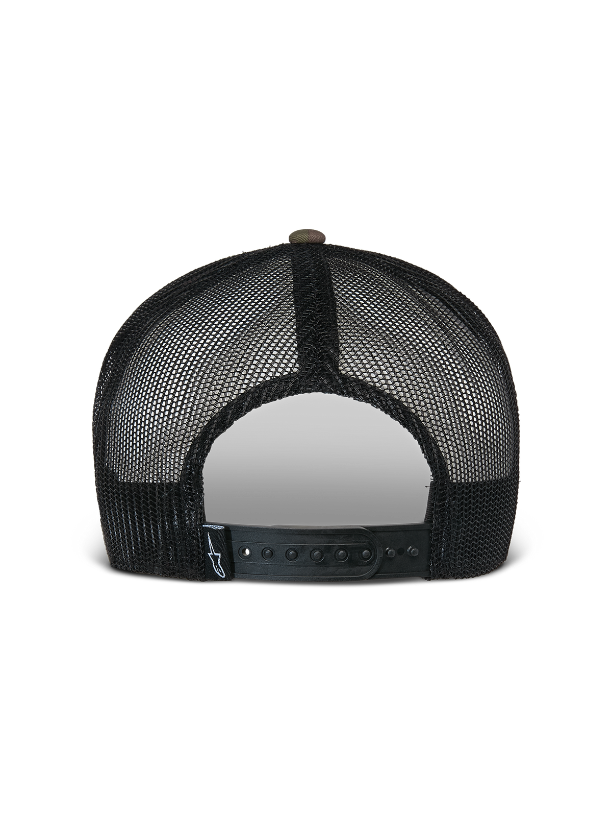 Alpinestars Cappello Flag Flat Trucker, camo verde e nero, vista posteriore con pannelli in rete nera traspirante e chiusura snapback regolabile con piccola etichetta con logo, copricapo casual ispirato al motorsport