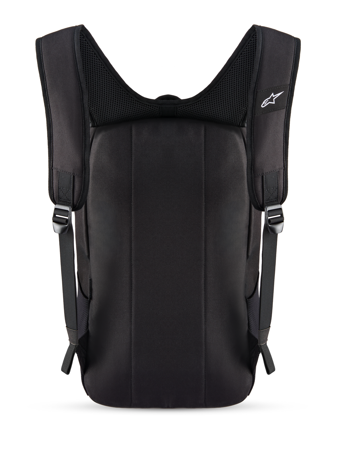 Zaino Alpinestars Defcon V3, nero, vista posteriore con pannello imbottito e spallacci in rete traspirante, piccolo logo Alpinestars bianco sullo spallaccio, struttura in poliestere 600D resistente per l'uso quotidiano