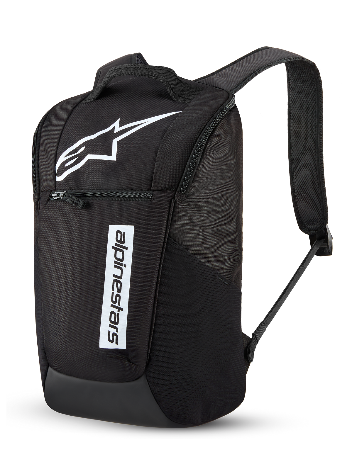 Zaino Alpinestars Defcon V3, zaino giornaliero, nero e bianco, con grande logo Astar bianco e scritta Alpinestars verticale, tasca frontale con cerniera, spallacci imbottiti in rete traspirante, poliestere 600D resistente, design casual ispirato al motorsport