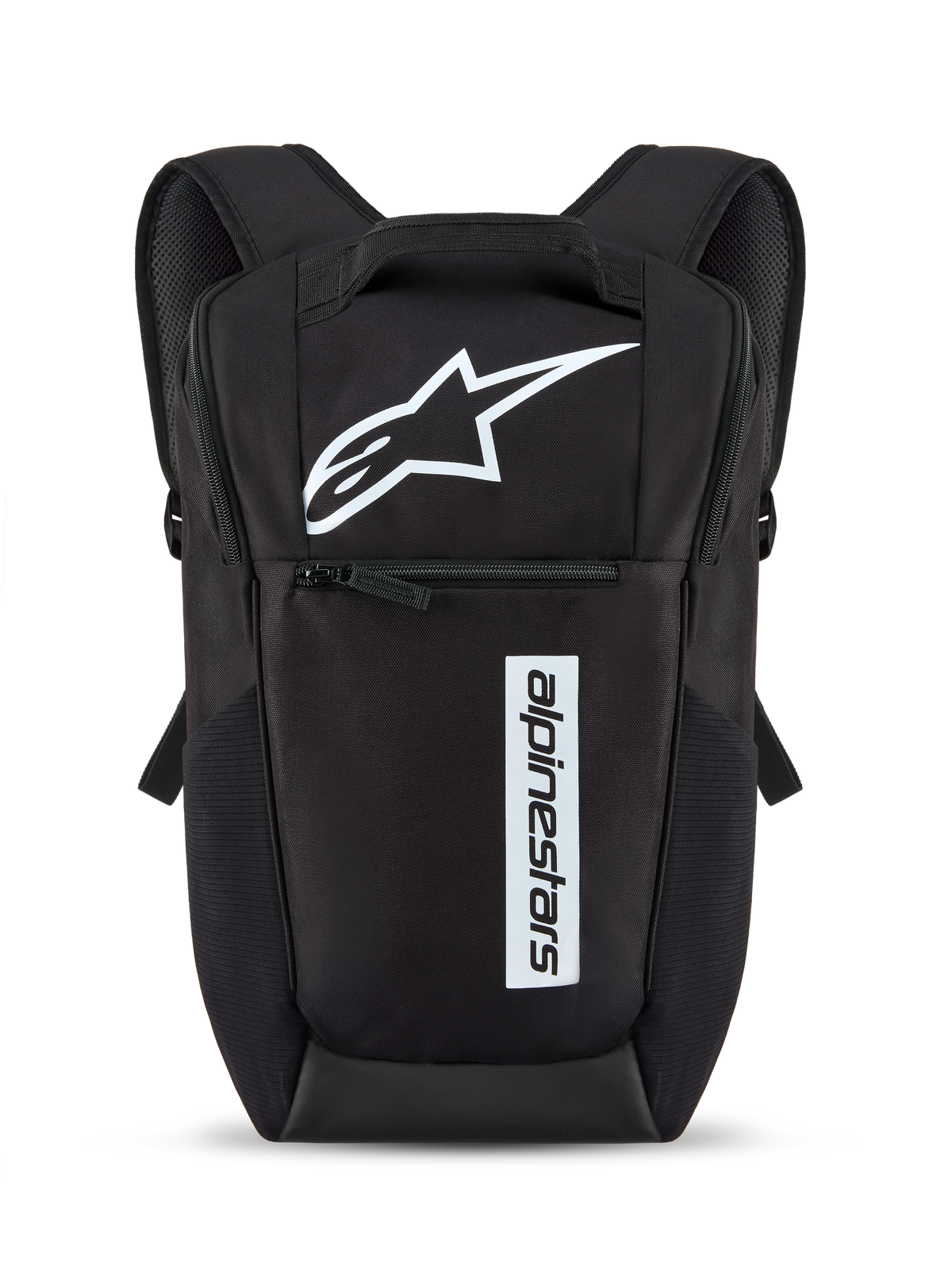 Zaino Alpinestars Defcon V3, nero e bianco, piccolo zaino per uso quotidiano con logo a stella bianco e marchio verticale, tasca frontale con cerniera, spallacci imbottiti, materiale in poliestere 600D resistente