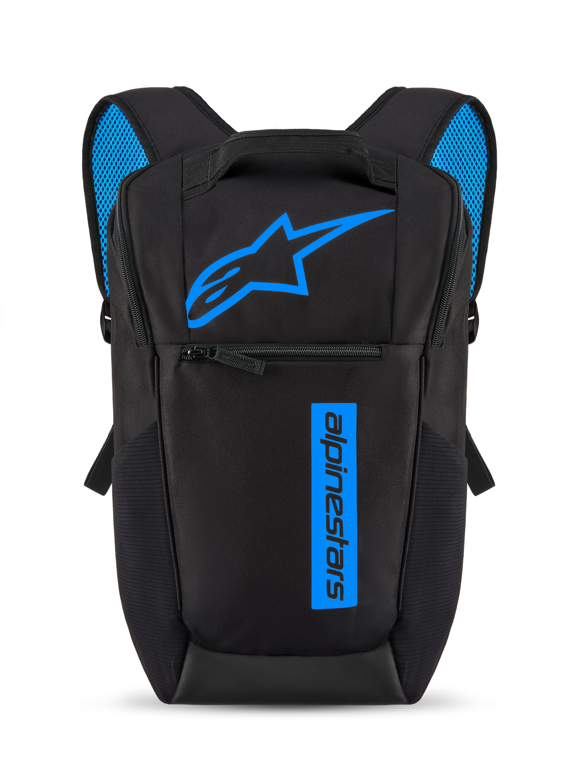 Zaino Alpinestars Defcon V3, nero e blu, piccolo zaino giornaliero con logo Astars blu brillante e marchio verticale, tasca frontale con zip, spallacci imbottiti con rete traspirante blu, materiale resistente in poliestere 600D