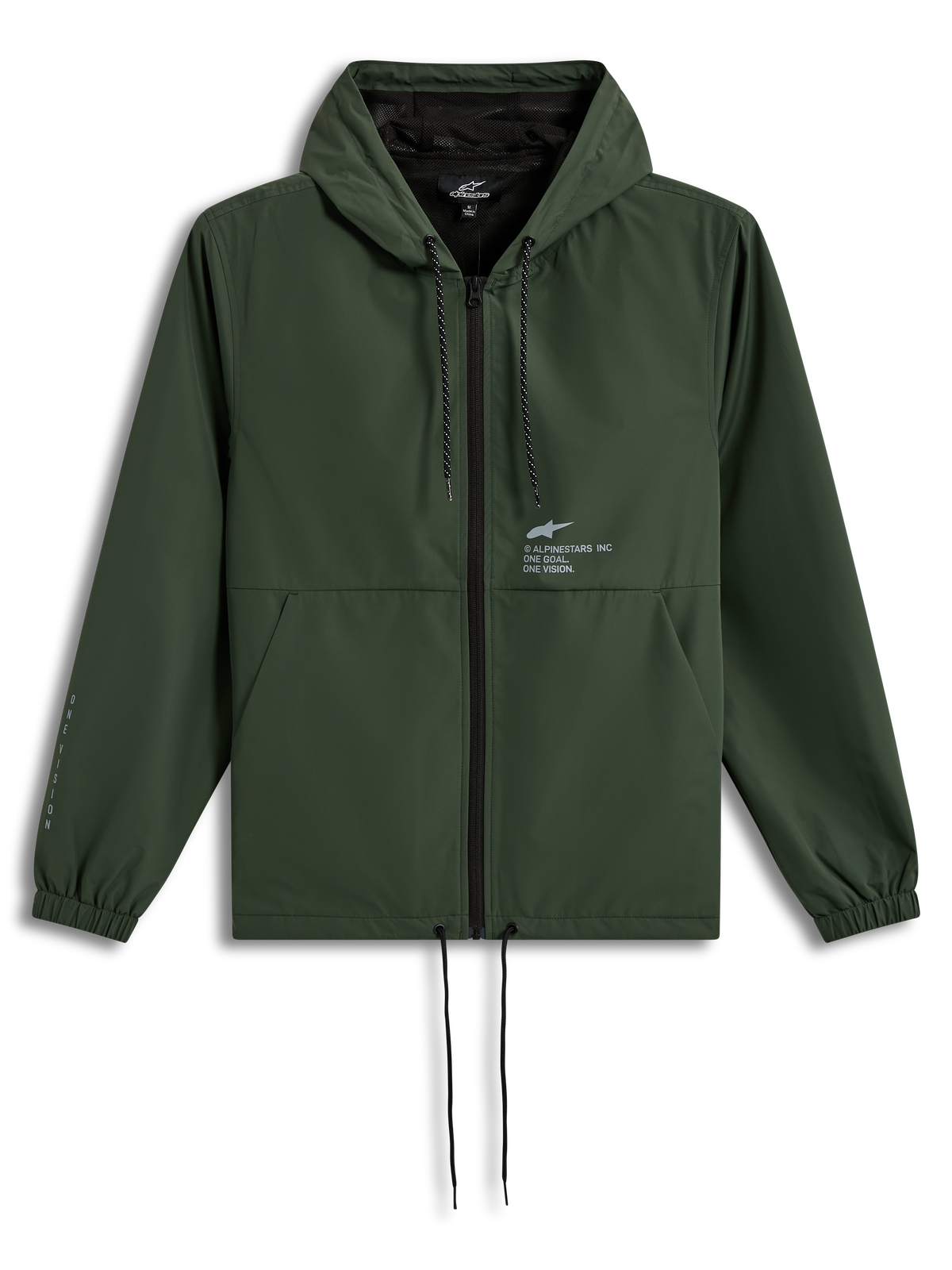 Alpinestars Speeder Resolve Windbreaker Giacca, giacca frangivento sportiva con cappuccio, verde pino, fodera in rete, cordini regolabili e logo Astars sul petto.