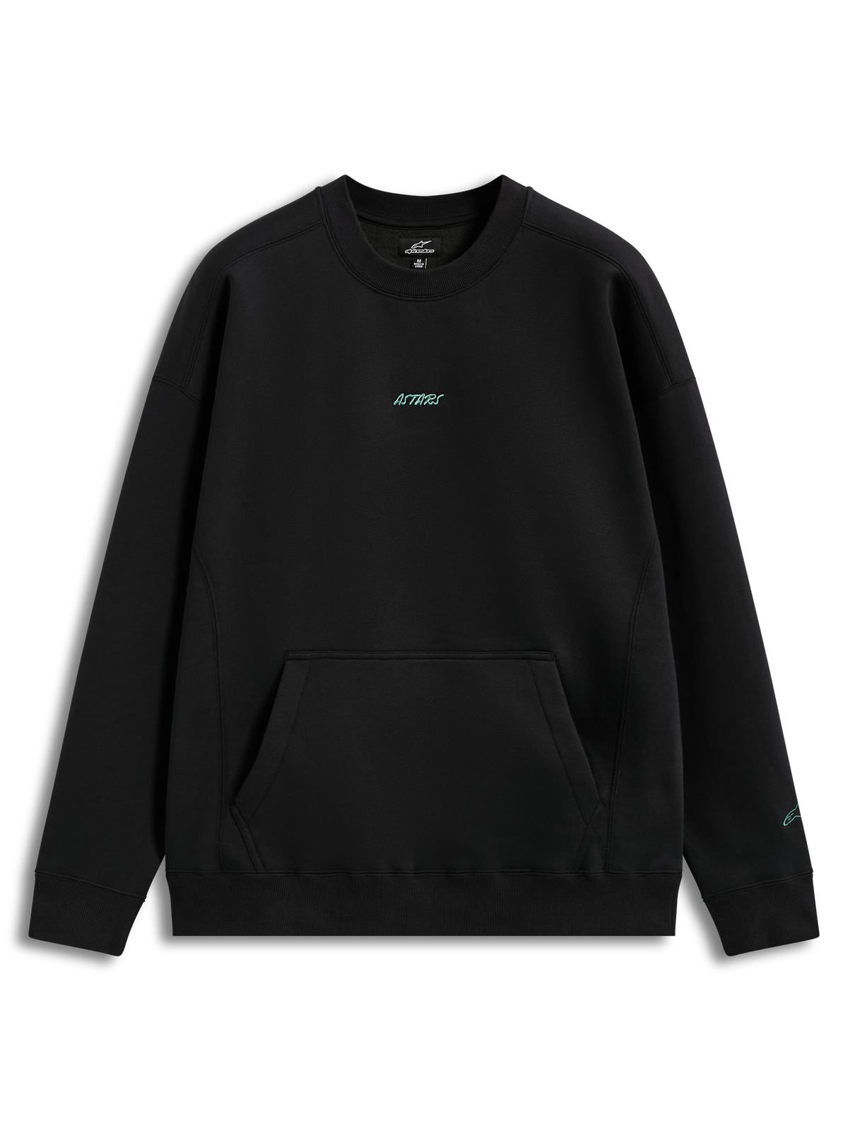Alpinestars Guise Oversized Crew, felpa girocollo oversize nera in pile, con tasca a marsupio e logo Astars ricamato ottanio.