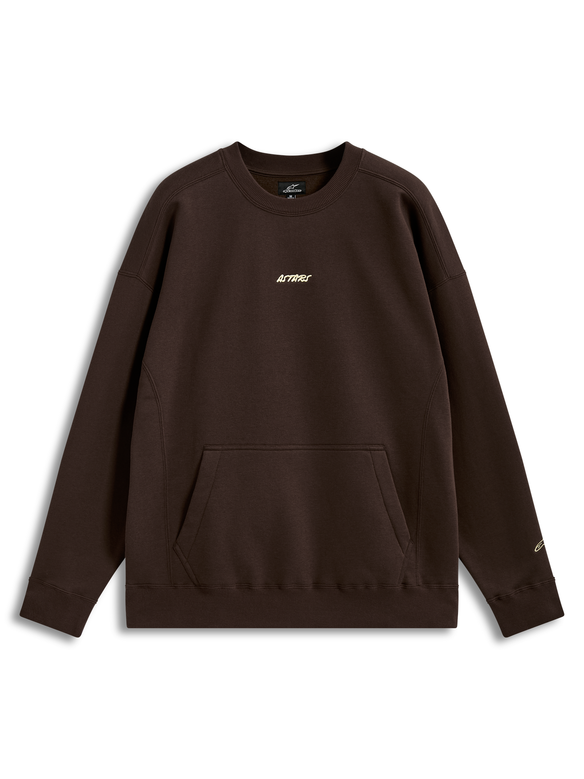 Alpinestars Guise Oversized Crew, felpa girocollo marrone in pile a vestibilità oversize, tasca a marsupio frontale, logo Astars ricamato sul petto e sulla manica, polsini a costine, stile casual ispirato al motorsport.