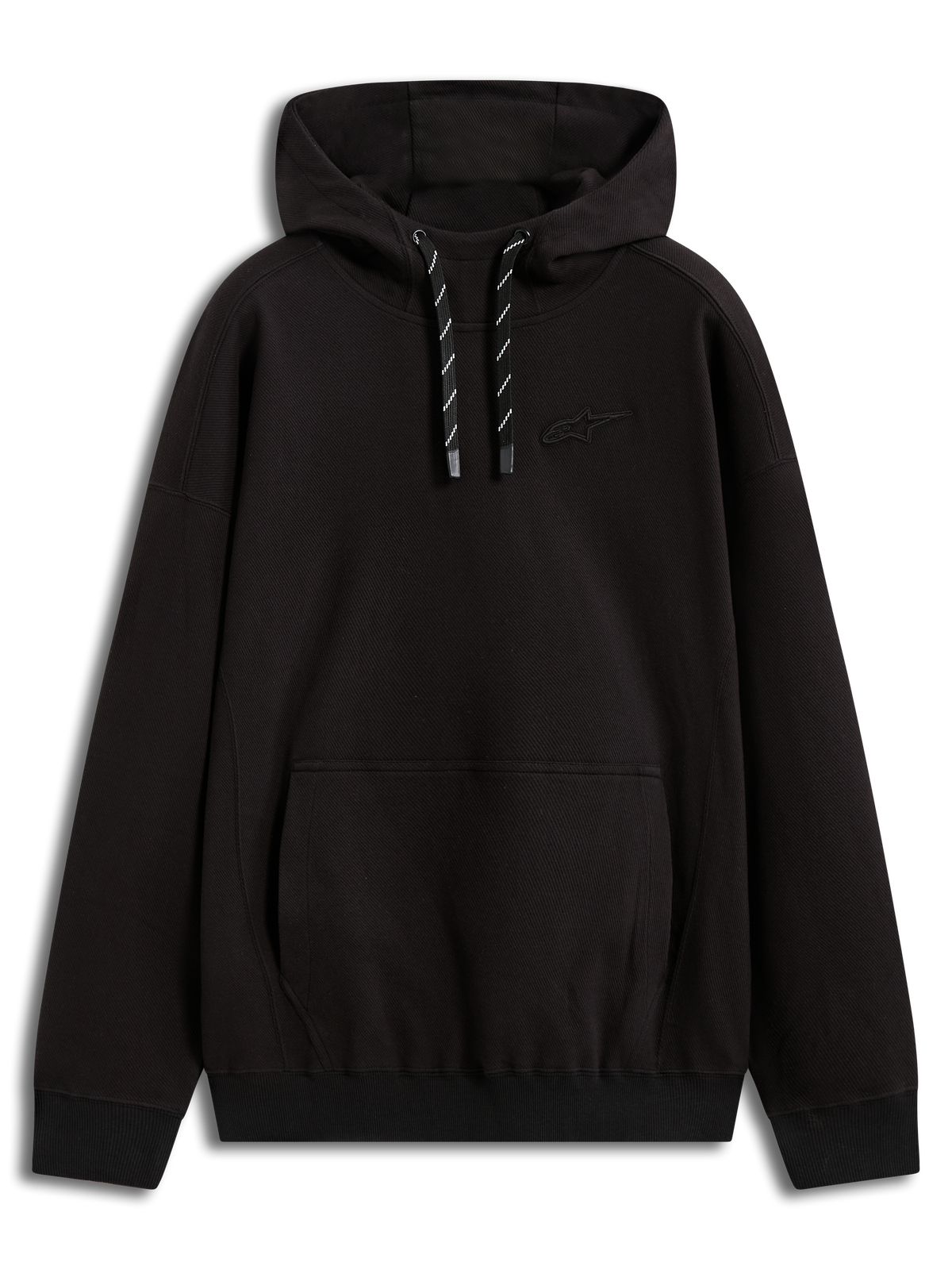 Alpinestars Camino Textured Oversized Hoodie, felpa con cappuccio nera in twill testurizzato, logo 3D e tasca a marsupio.