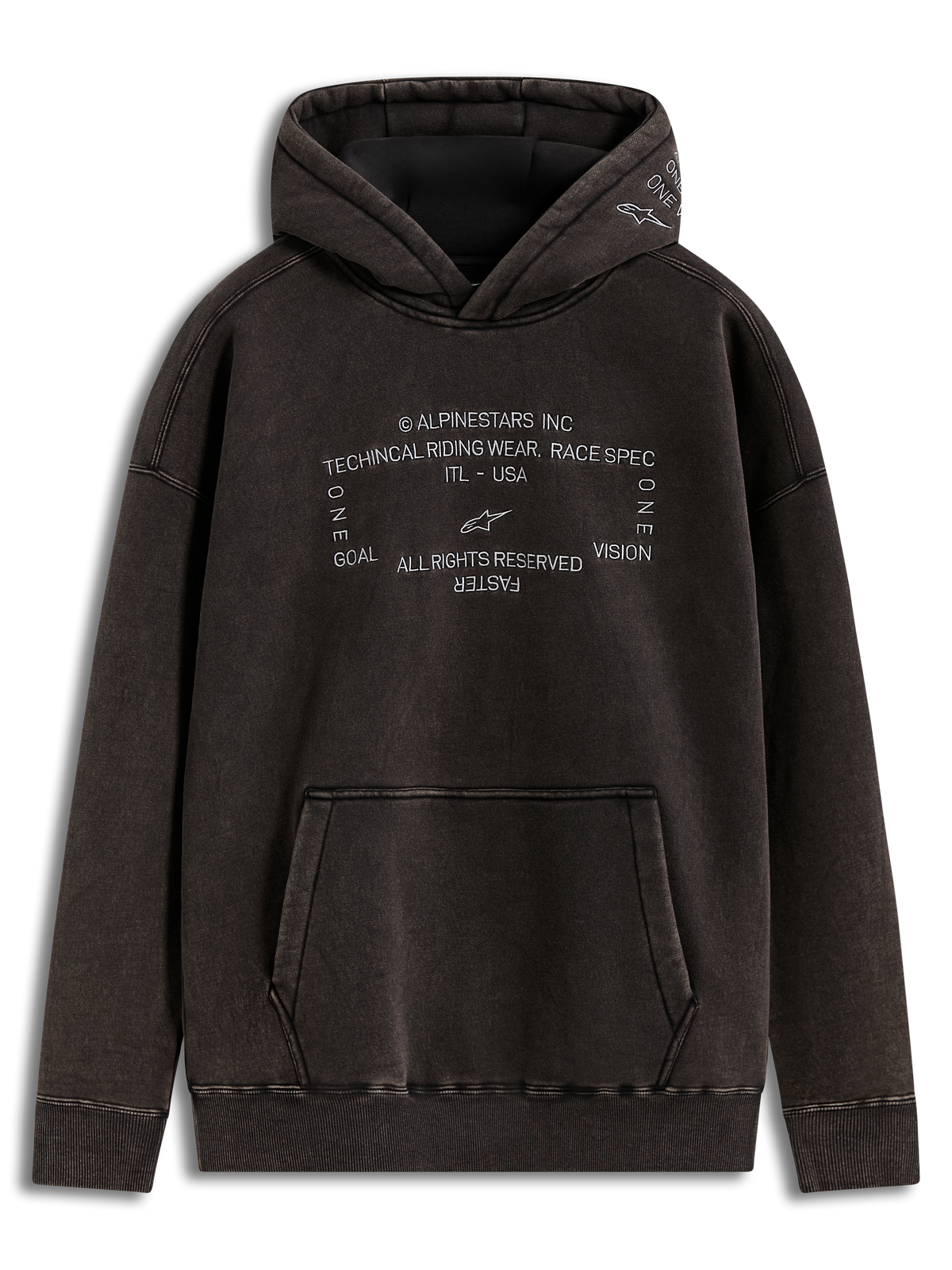 Alpinestars Infinite Washed Oversized Hoodie, felpa con cappuccio in pile, nero lavato effetto neve, loghi ricamati racing-spec e tasca a marsupio.