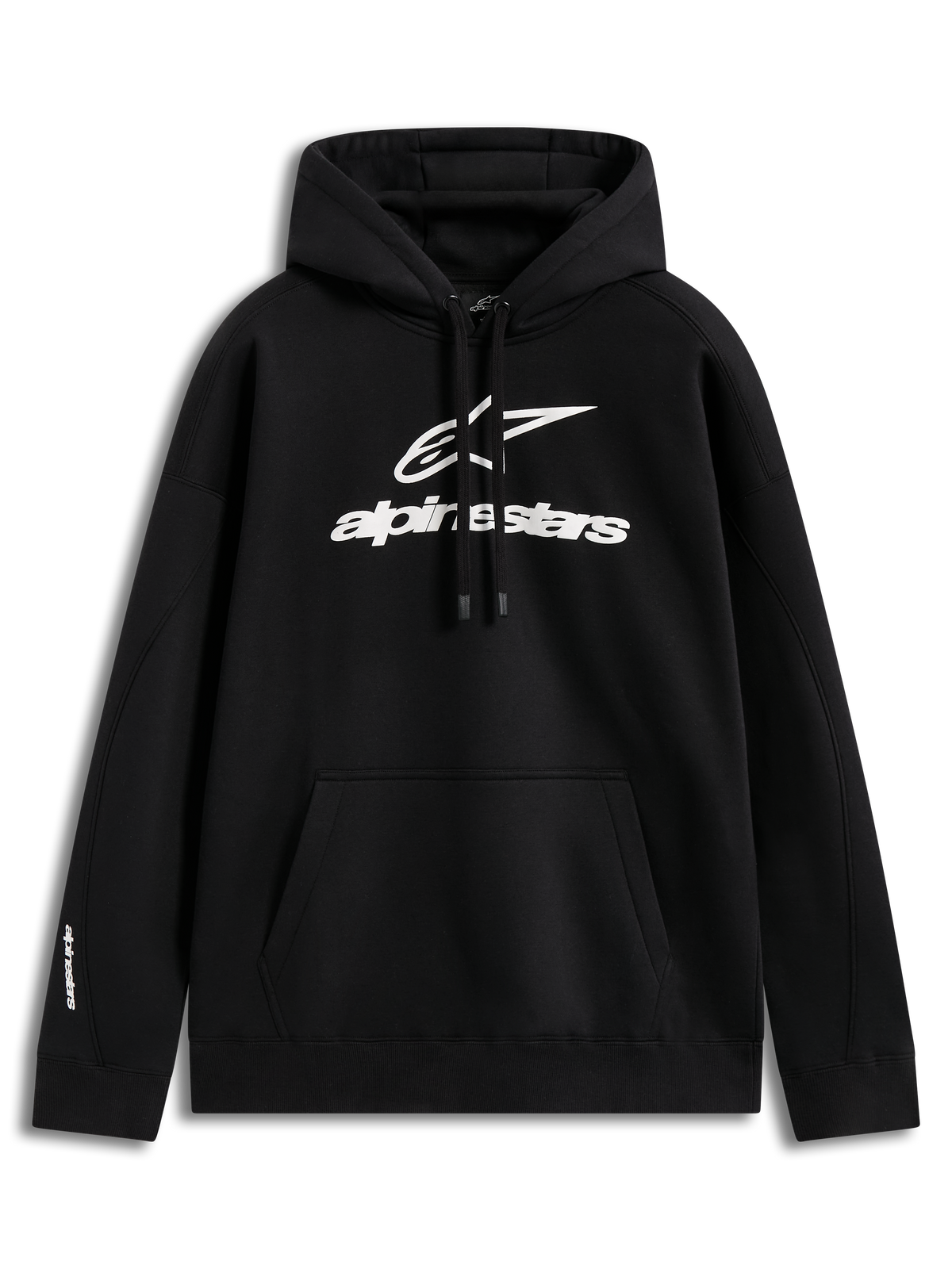 Alpinestars Prelude Oversized Hoodie, felpa sportswear in pile nero con logo bianco a rilievo e tasca a marsupio