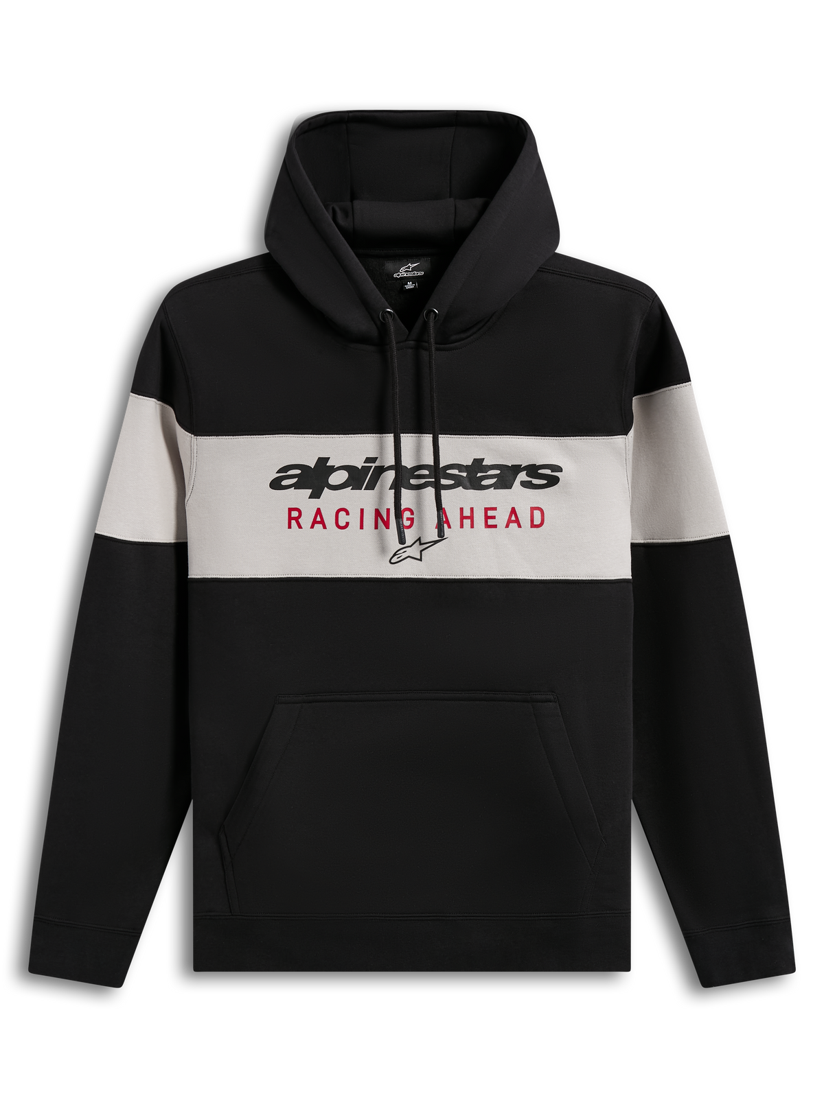 Alpinestars Cubic Hoodie, felpa con cappuccio in pile a blocchi di colore nero e grigio, logo Racing Ahead sul petto, tasca a marsupio, polsini e orlo a coste, abbigliamento sportivo casual