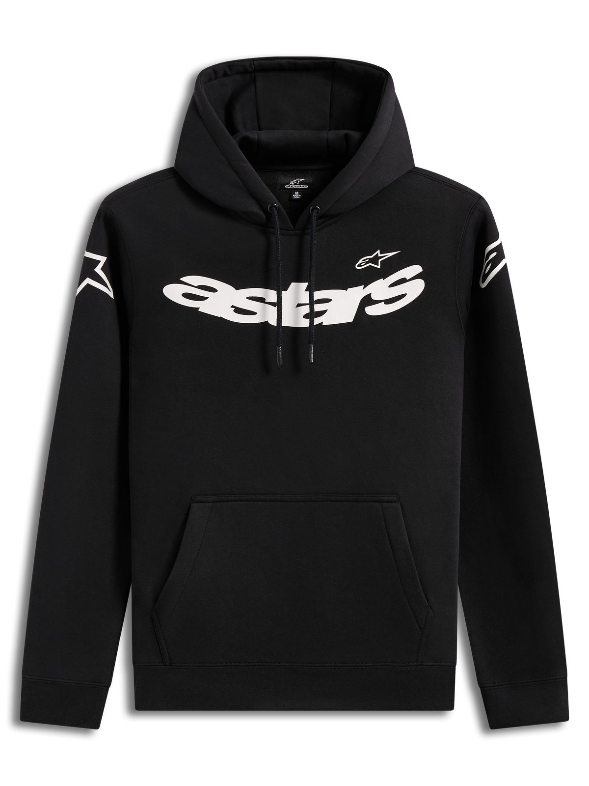 Alpinestars Velocifier Hoodie, felpa con cappuccio nera da uomo con grafica Astars bianca sul petto e tasca a marsupio.