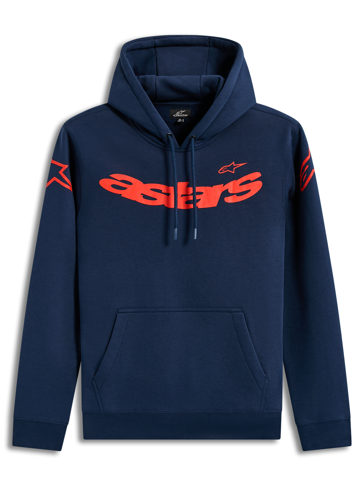 Alpinestars Velocifier Hoodie, felpa in pile blu navy con scritta Astars rossa e loghi sulle spalle, casual motorsport.