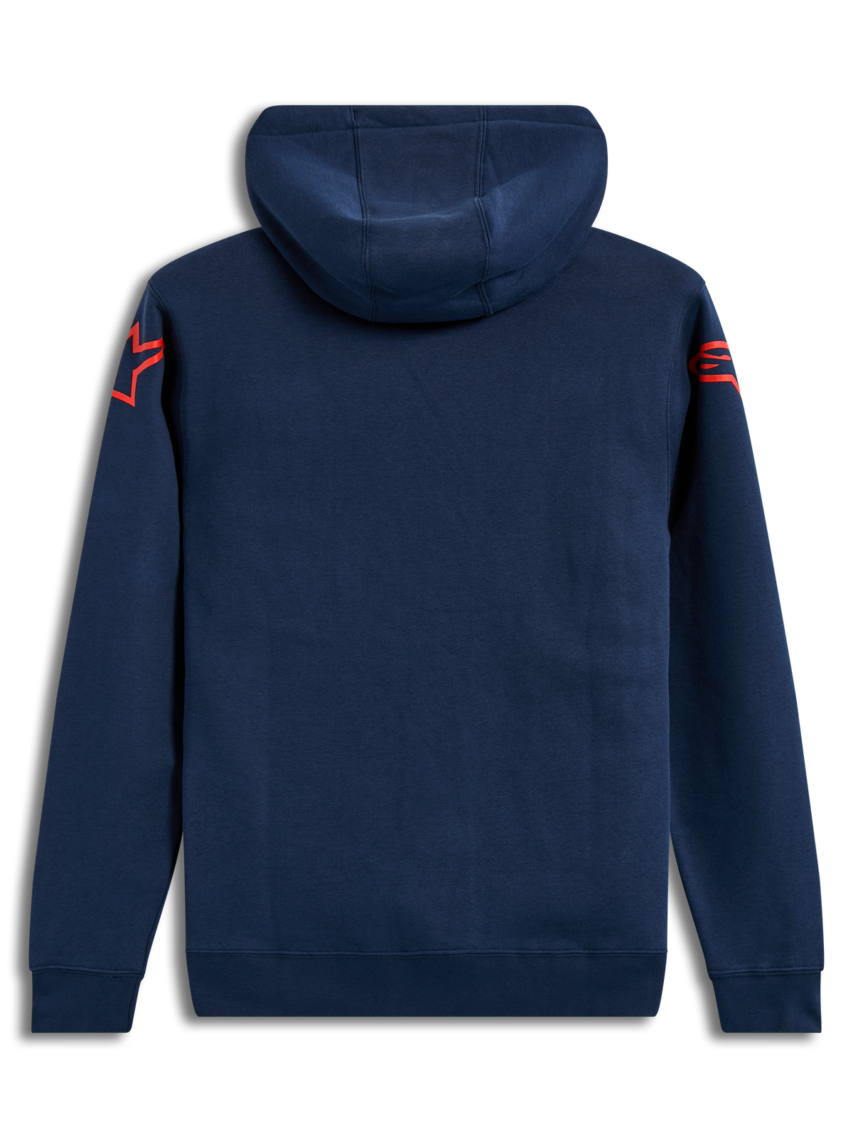 Alpinestars Velocifier Hoodie, felpa con cappuccio in pile, blu, vista posteriore con loghi Astars rossi sulle spalle, stile casual motorsport