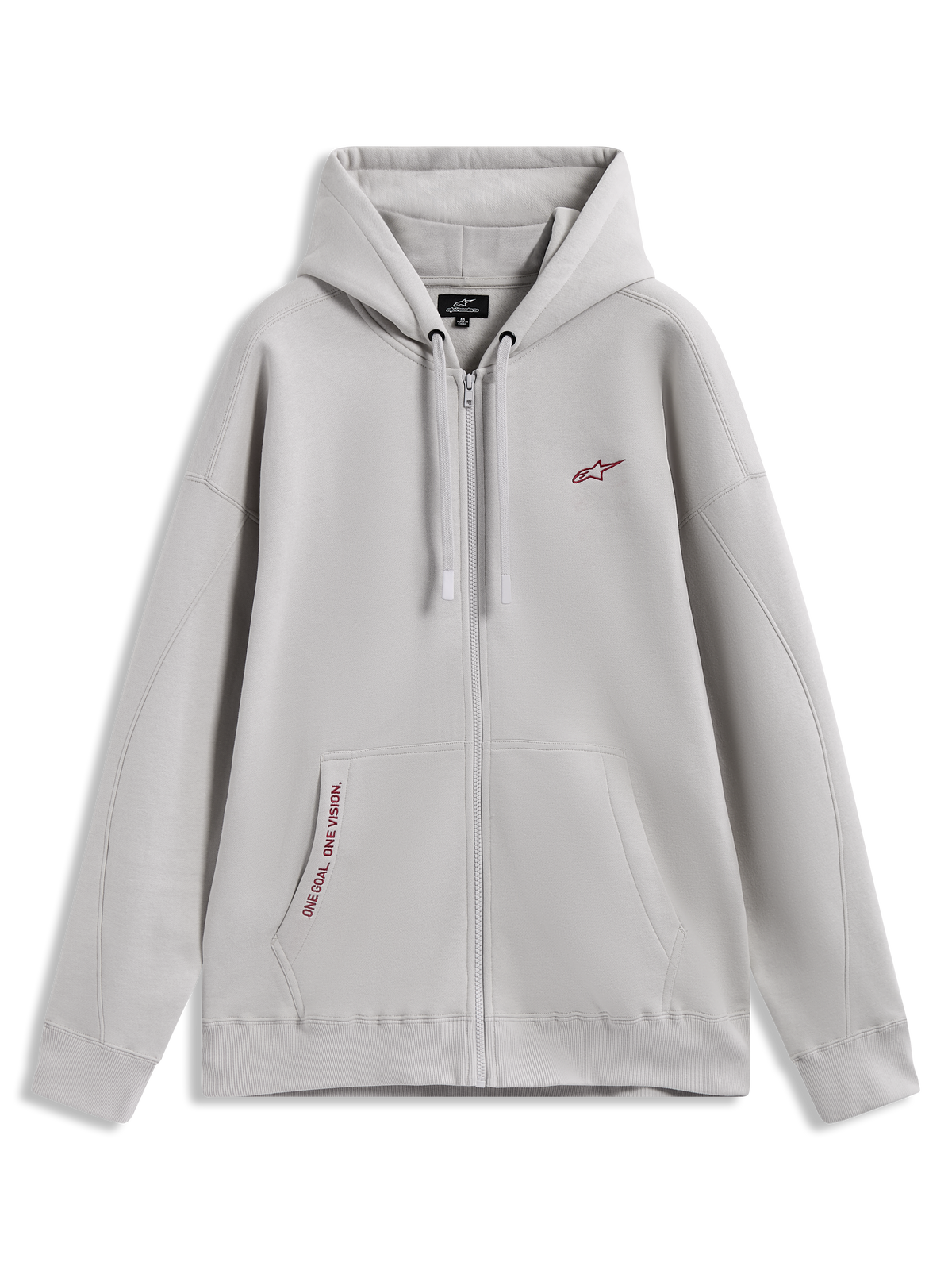 Alpinestars Pioneer Oversized Hoodie, felpa sportiva grigio cemento con zip, dettagli rossi e tasca a marsupio.